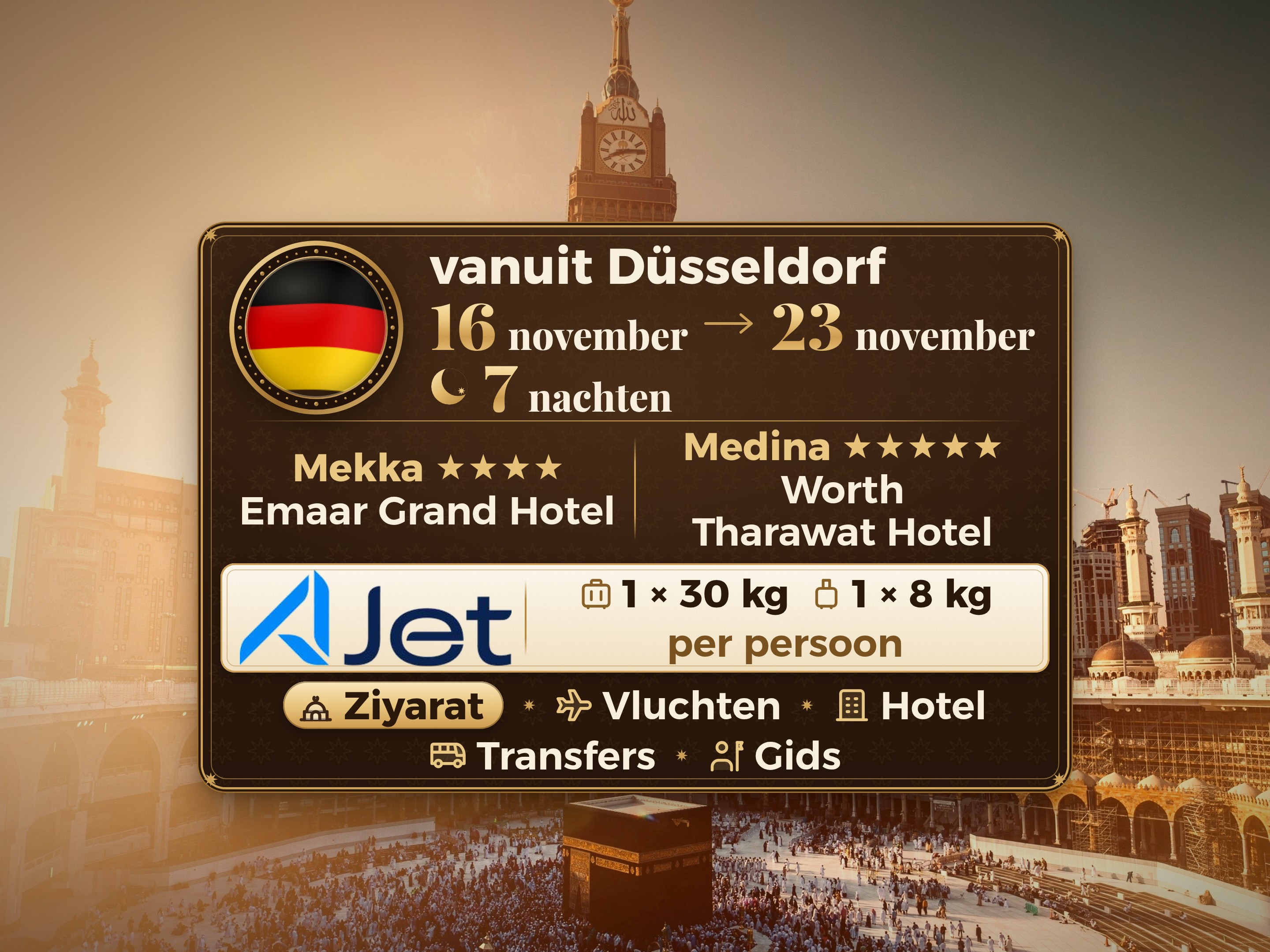 Umrah Pakket 9 Dagen vanaf Dusseldorf, Tharawat Worth Madinah en Emaar Grand Makkah
