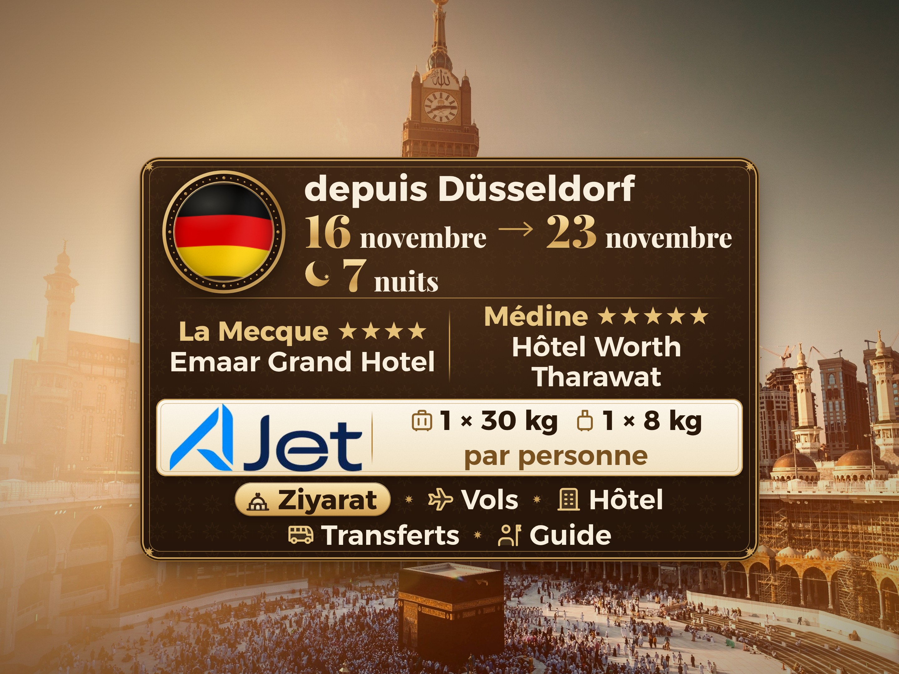 Forfait Umrah 9 jours depuis Dusseldorf, Tharawat Worth Madinah et Emaar Grand Makkah, La Mecque – Umrah Express – 1
