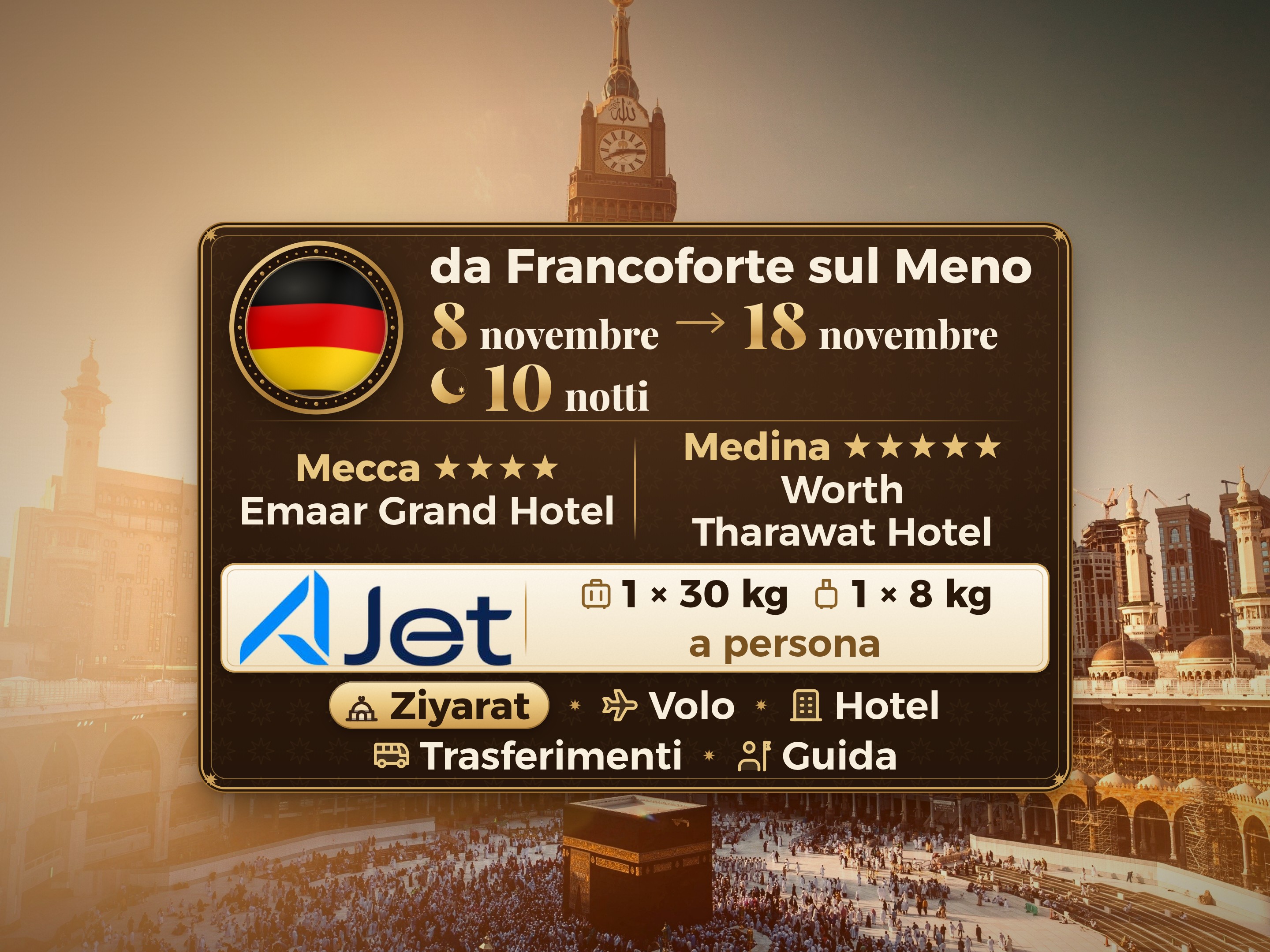 Pacchetto Umrah 12 Giorni da Francoforte, Tharawat Worth Madinah e Emaar Grand Makkah, La Mecca – Umrah Express – 1