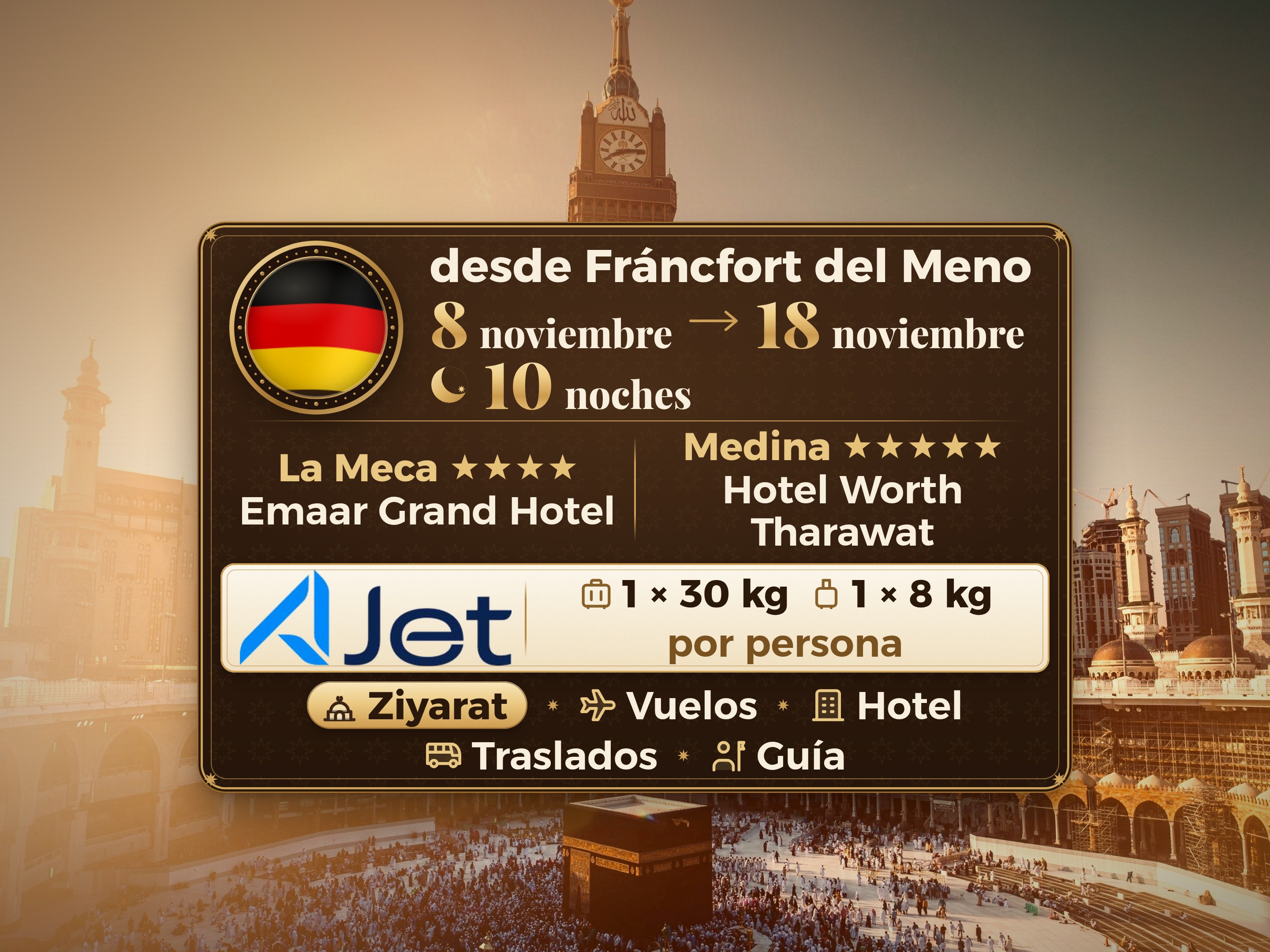 Paquete de Umrah de 12 días desde Frankfurt, Tharawat Worth Madinah y Emaar Grand Makkah, La Meca – Umrah Express – 1