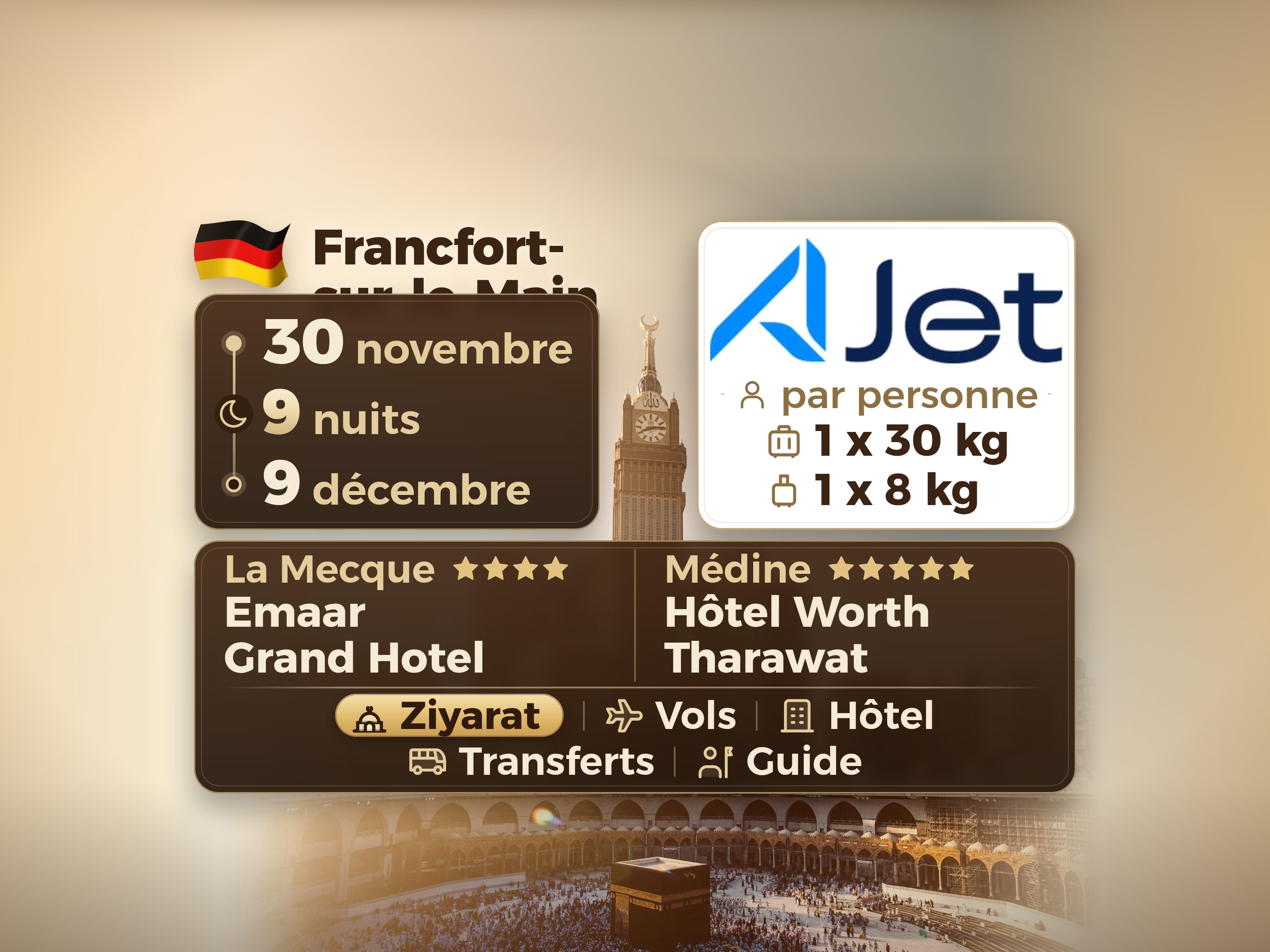 Forfait Umrah 11 Jours depuis Francfort, Tharawat Worth Madinah et Emaar Grand Makkah, La Mecque – Umrah Express – 1