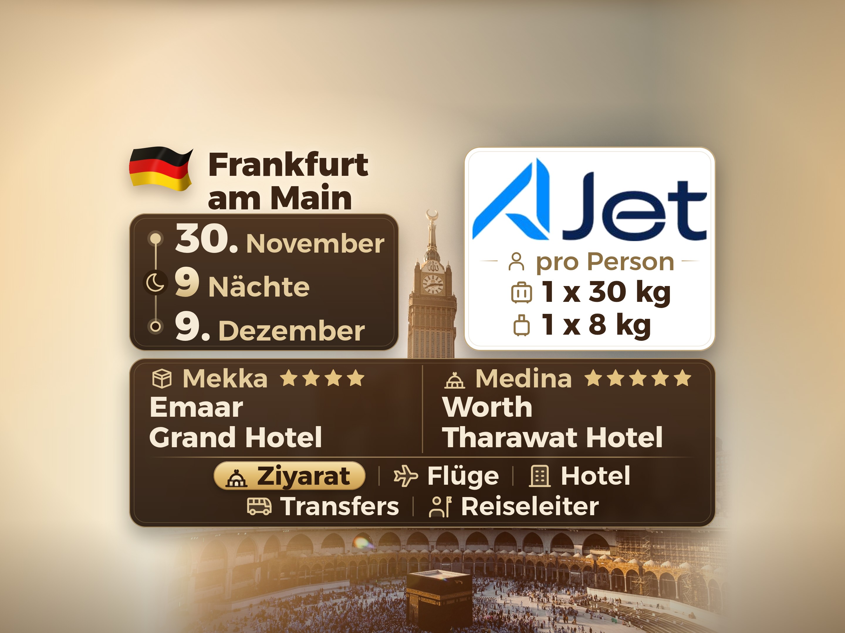 11-Tage-Umrah-Paket ab Frankfurt, Tharawat Worth Madinah und Emaar Grand Makkah, Mekka – Umrah Express – 1