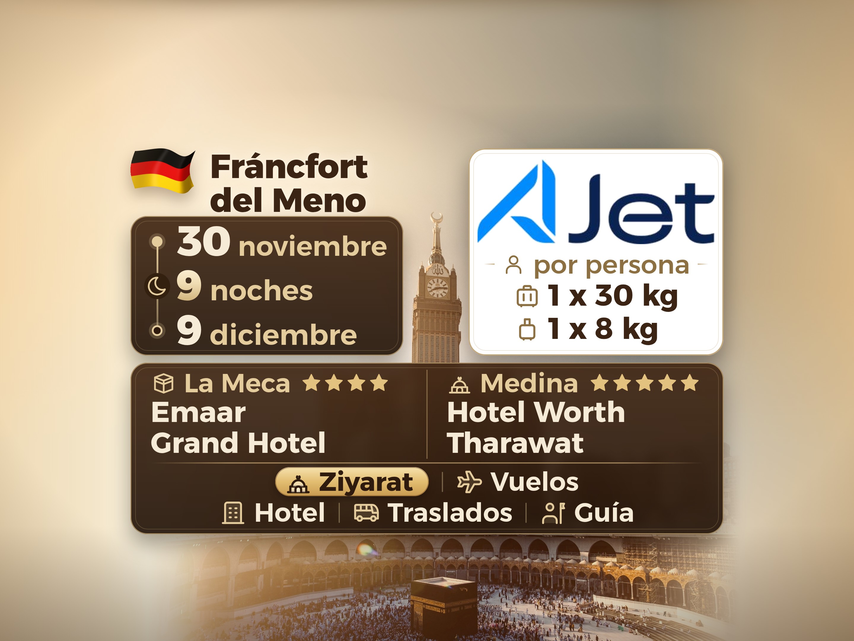 Paquete de Umrah de 11 Días desde Frankfurt, Tharawat Worth Madinah y Emaar Grand Makkah, La Meca – Umrah Express – 1