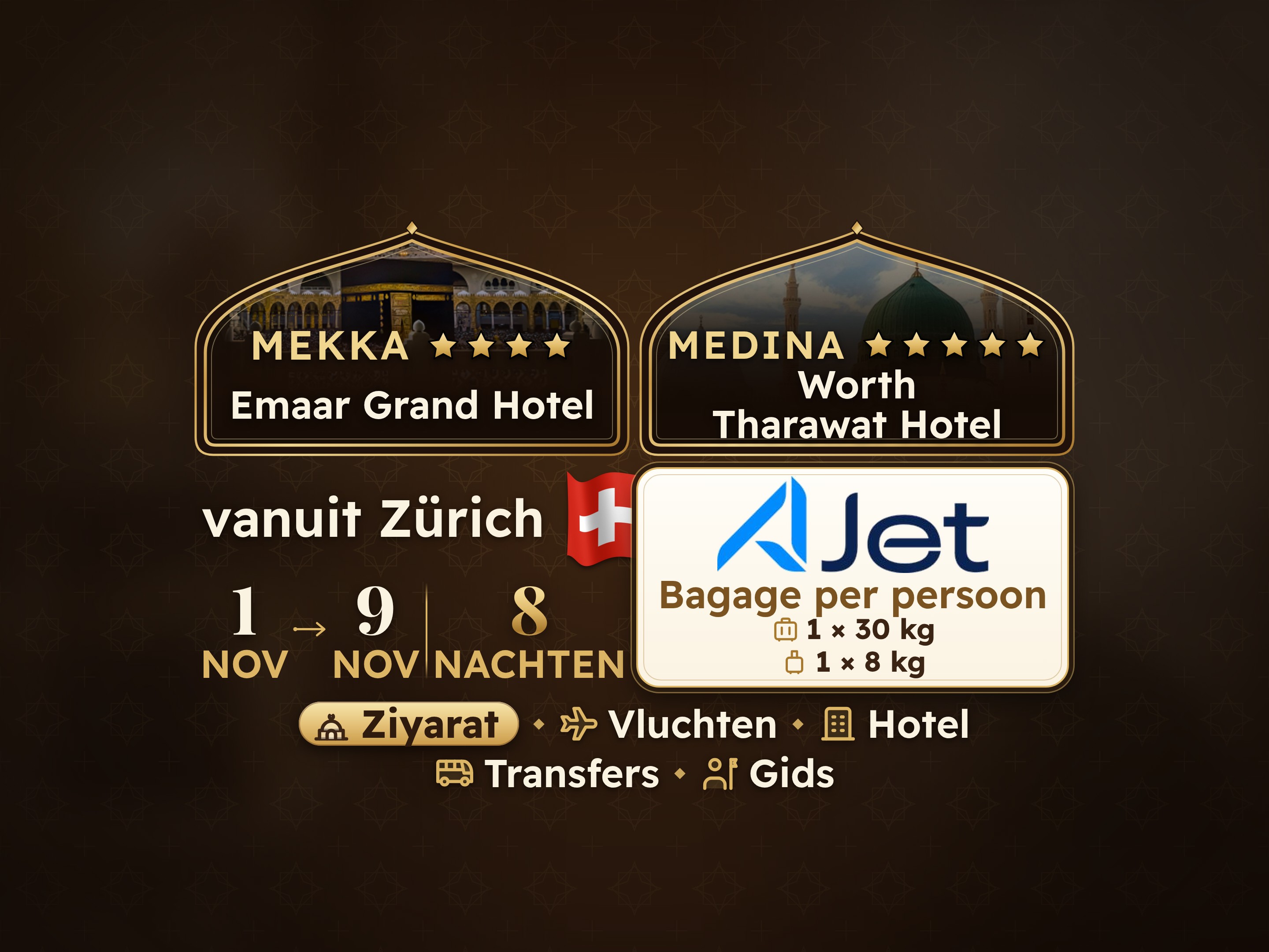 Umrah Pakket 10 Dagen vanaf Zürich, Tharawat Worth Madinah en Emaar Grand Makkah