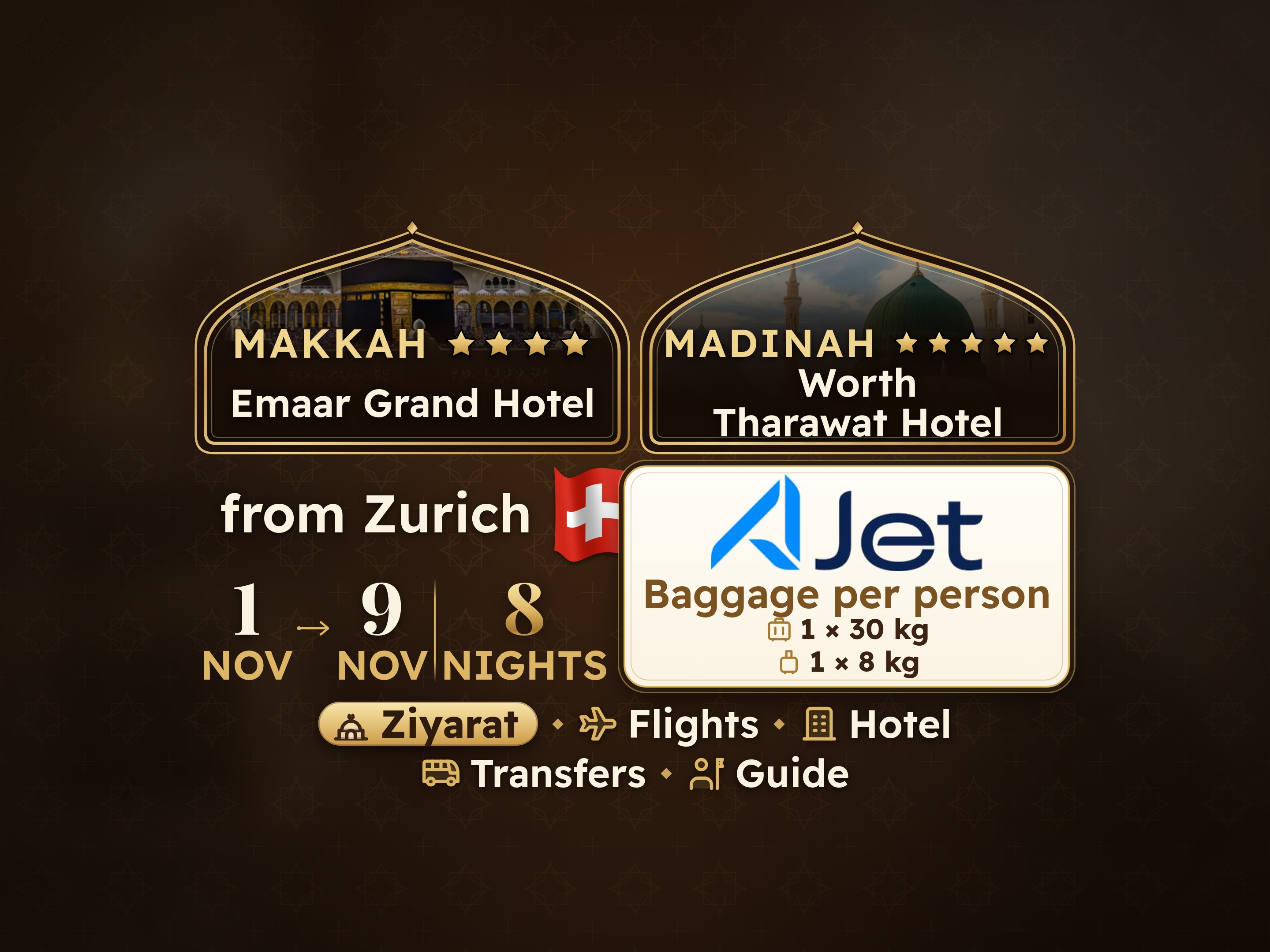 Umrah Package 10 Days from Zurich, Tharawat Worth Madinah and Emaar Grand Makkah