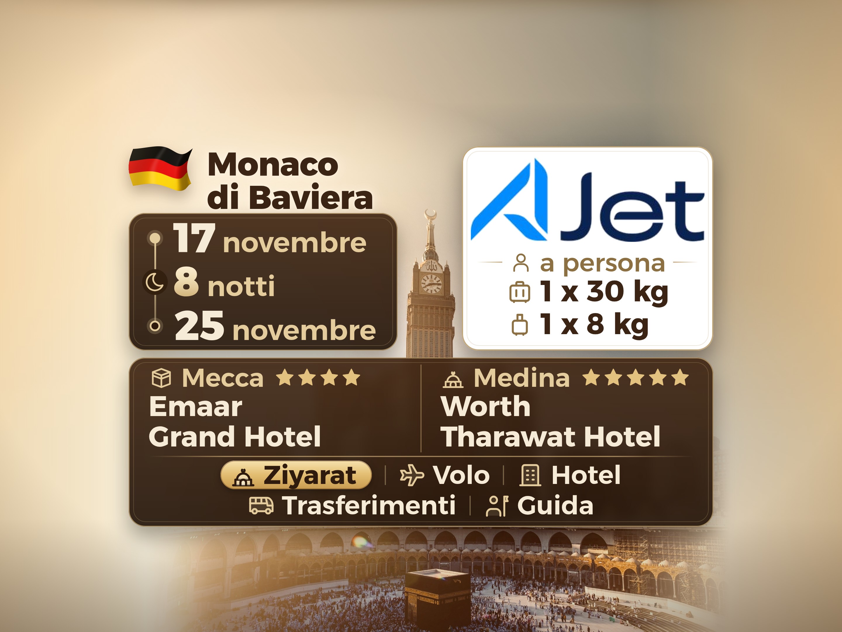 Pacchetto Umrah 10 Giorni da Monaco, Tharawat Worth Madinah e Emaar Grand Makkah, La Mecca – Umrah Express – 1