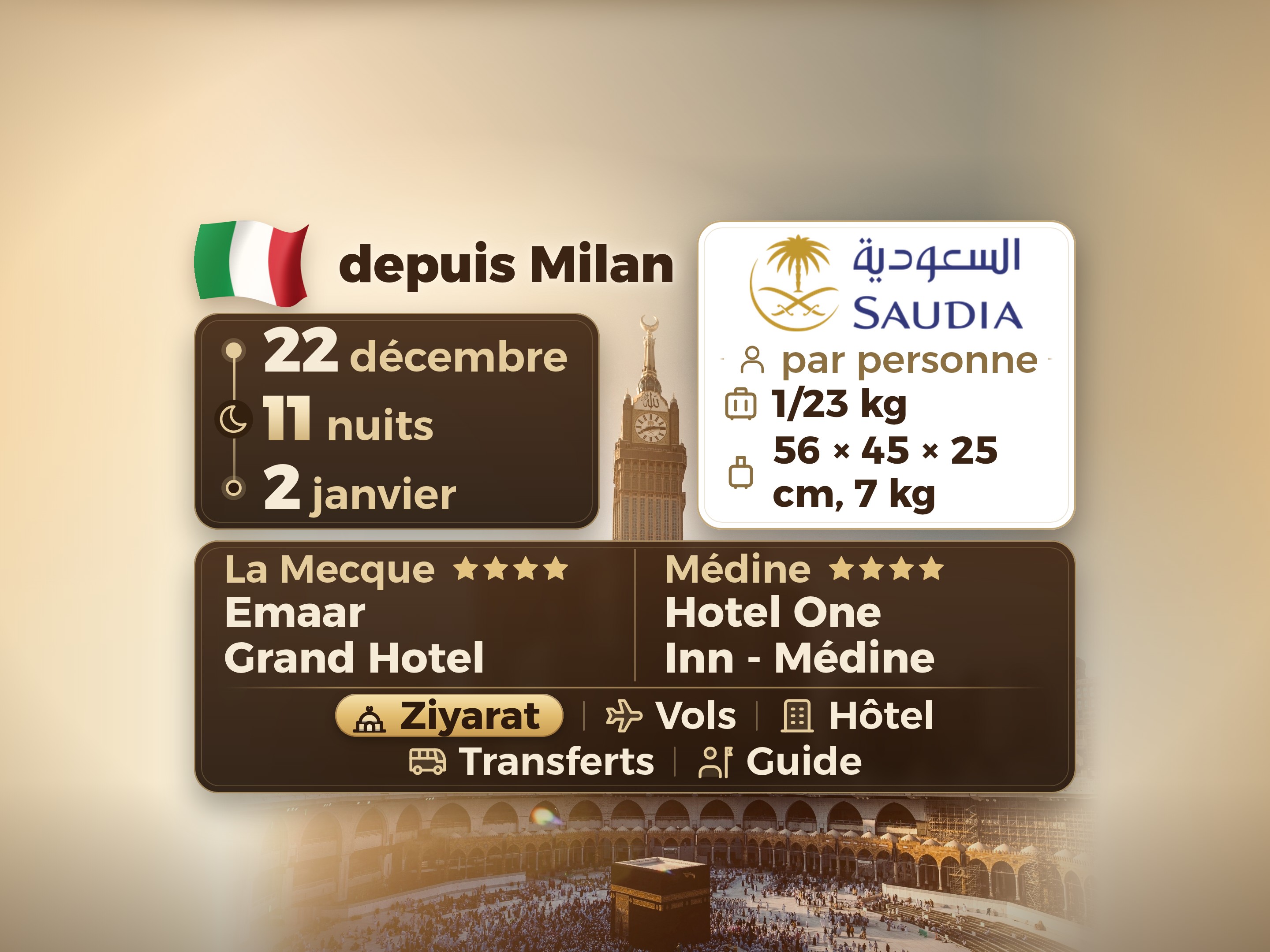 Forfait Umrah de 12 jours et 11 nuits - Ameerah Grand Makkah - One & Only Concord Dar Al-Khair ou équivalent Medina