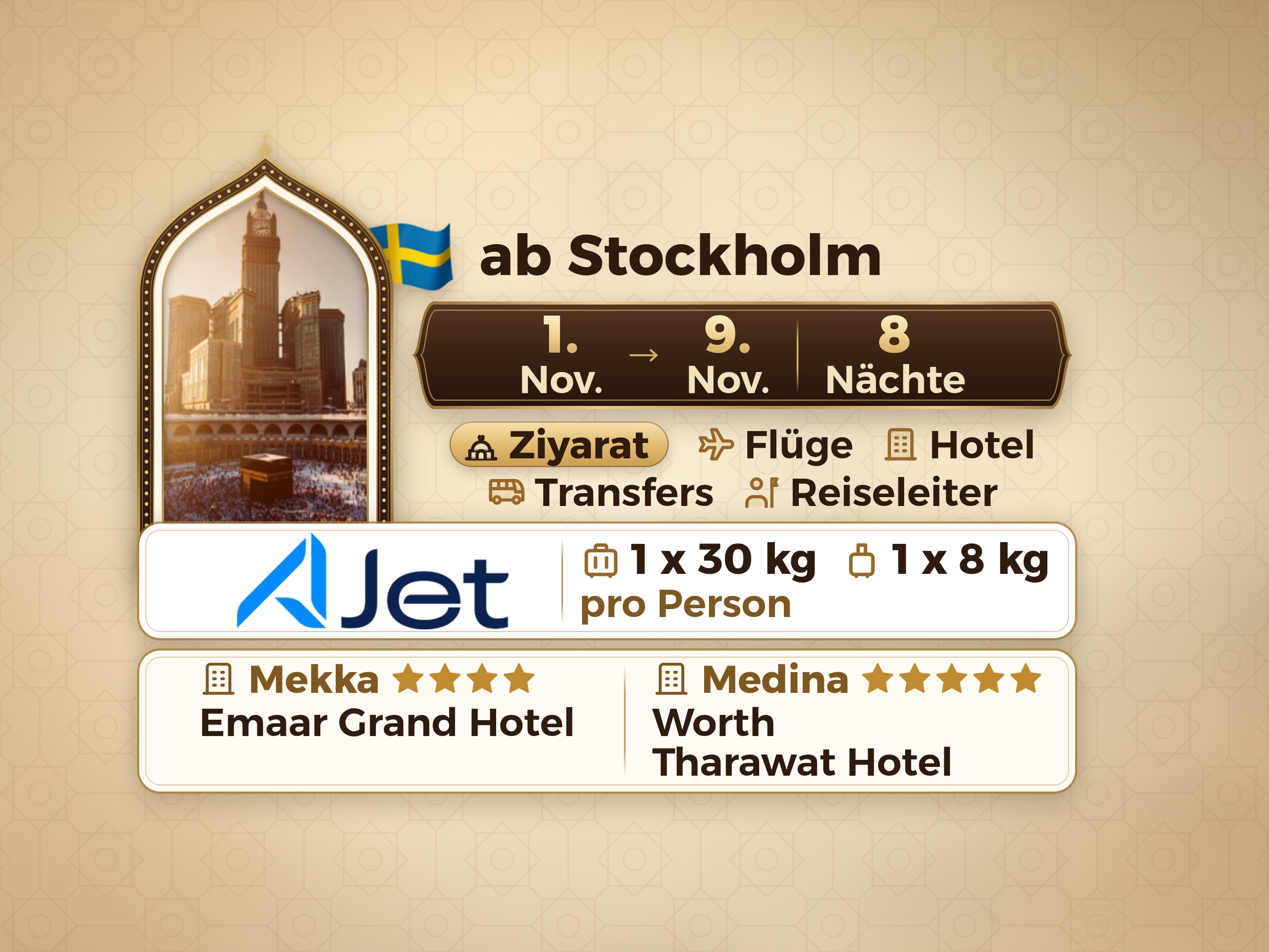 Umrah-Paket 10 Tage ab Stockholm, Tharawat Worth Madinah und Emaar Grand Makkah, Mekka – Umrah Express – 1