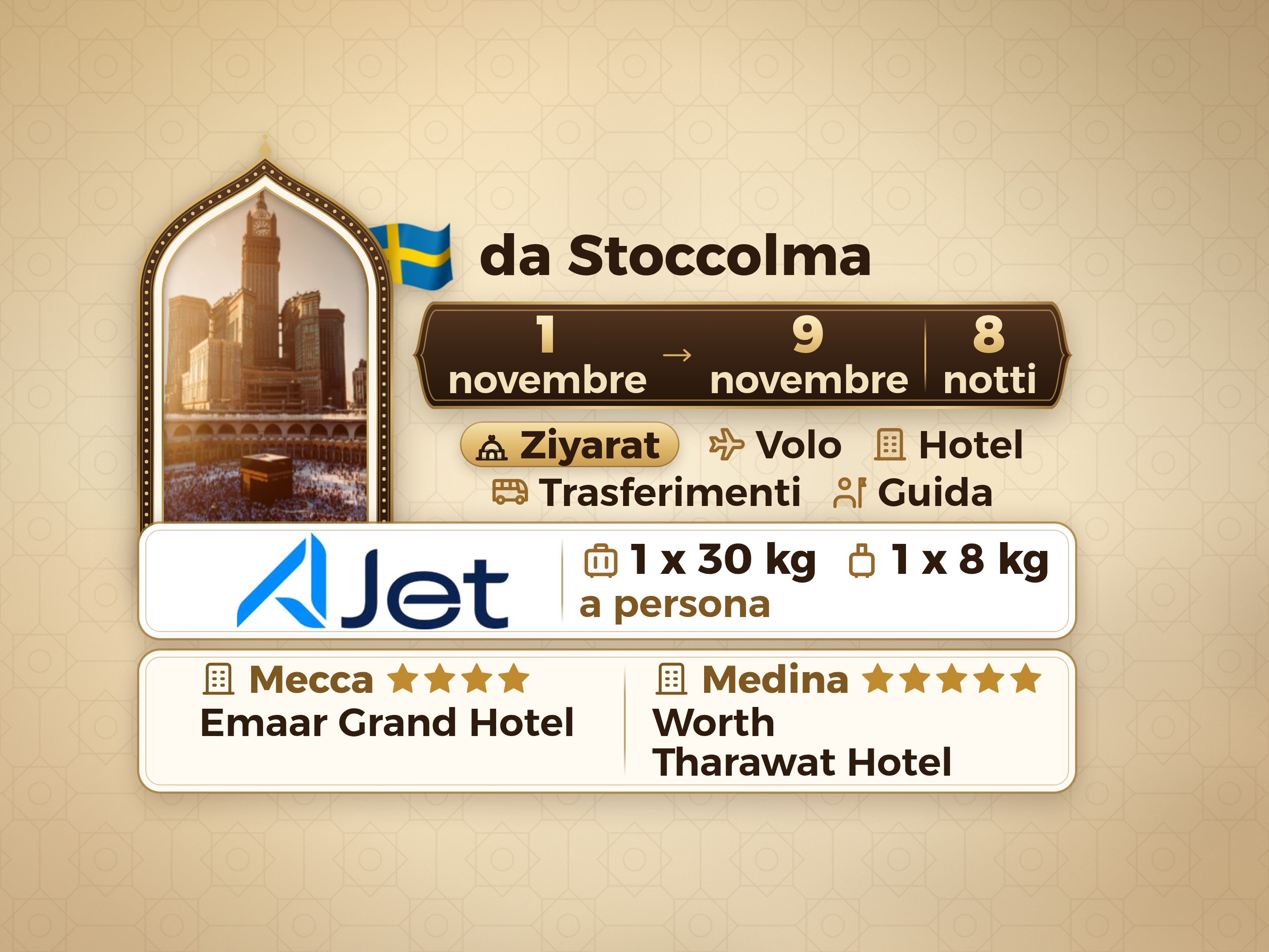 Pacchetto Umrah 10 Giorni da Stoccolma, Tharawat Worth Madinah e Emaar Grand Makkah, La Mecca – Umrah Express – 1