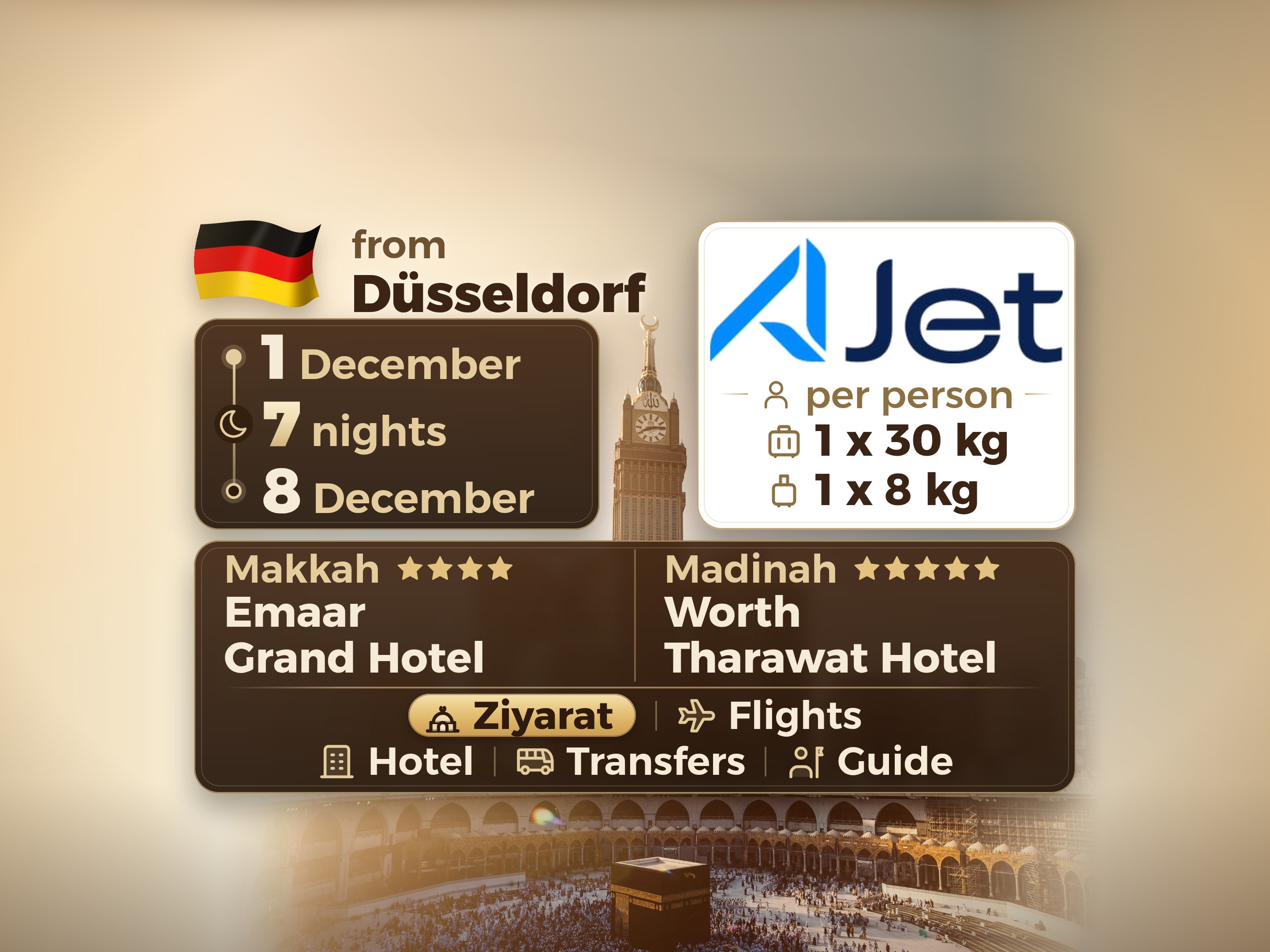 Umrah Package 9 Days from Dusseldorf, Emaar Grand Makkah and Tharawat Worth Madinah