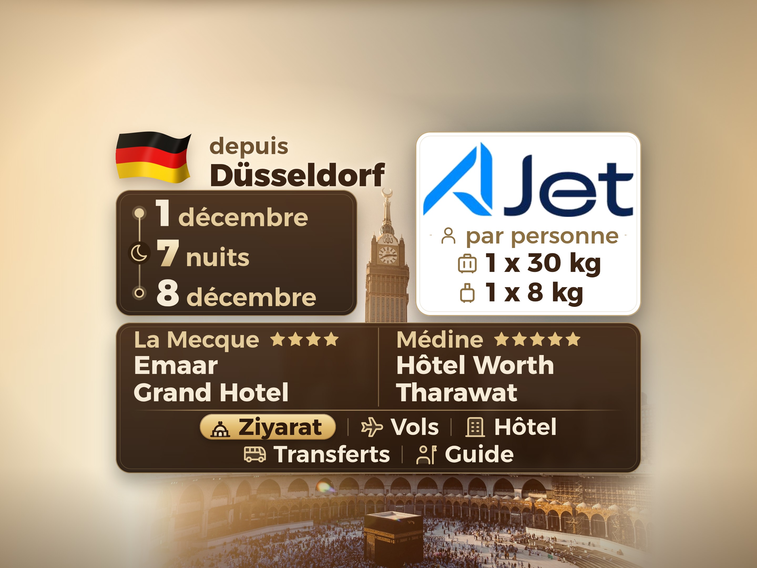Forfait Umrah 9 Jours depuis Dusseldorf, Emaar Grand Makkah et Tharawat Worth Madinah