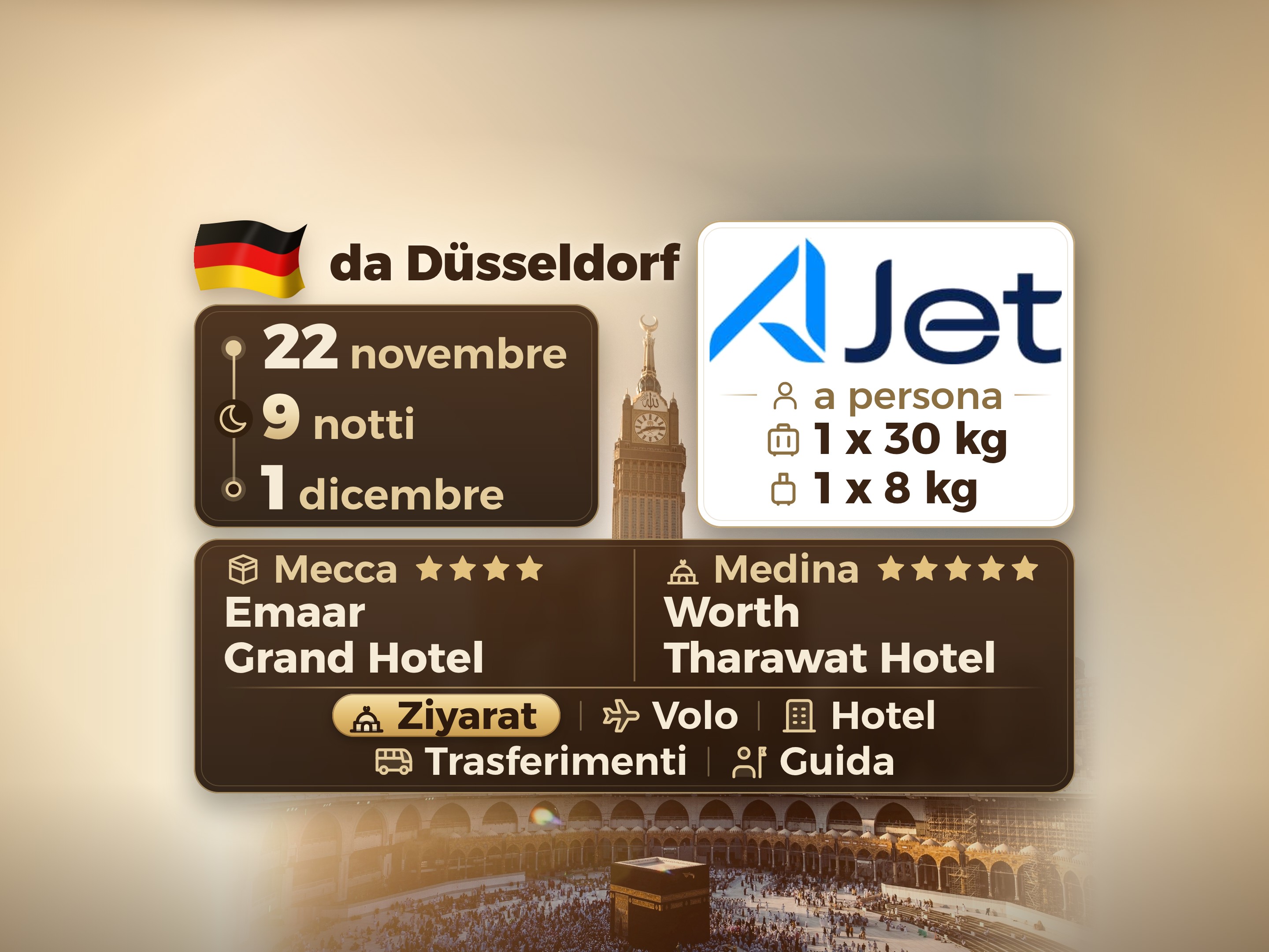 Pacchetto Umrah 11 Giorni da Dusseldorf, Tharawat Worth Madinah e Emaar Grand Makkah, La Mecca – Umrah Express – 1