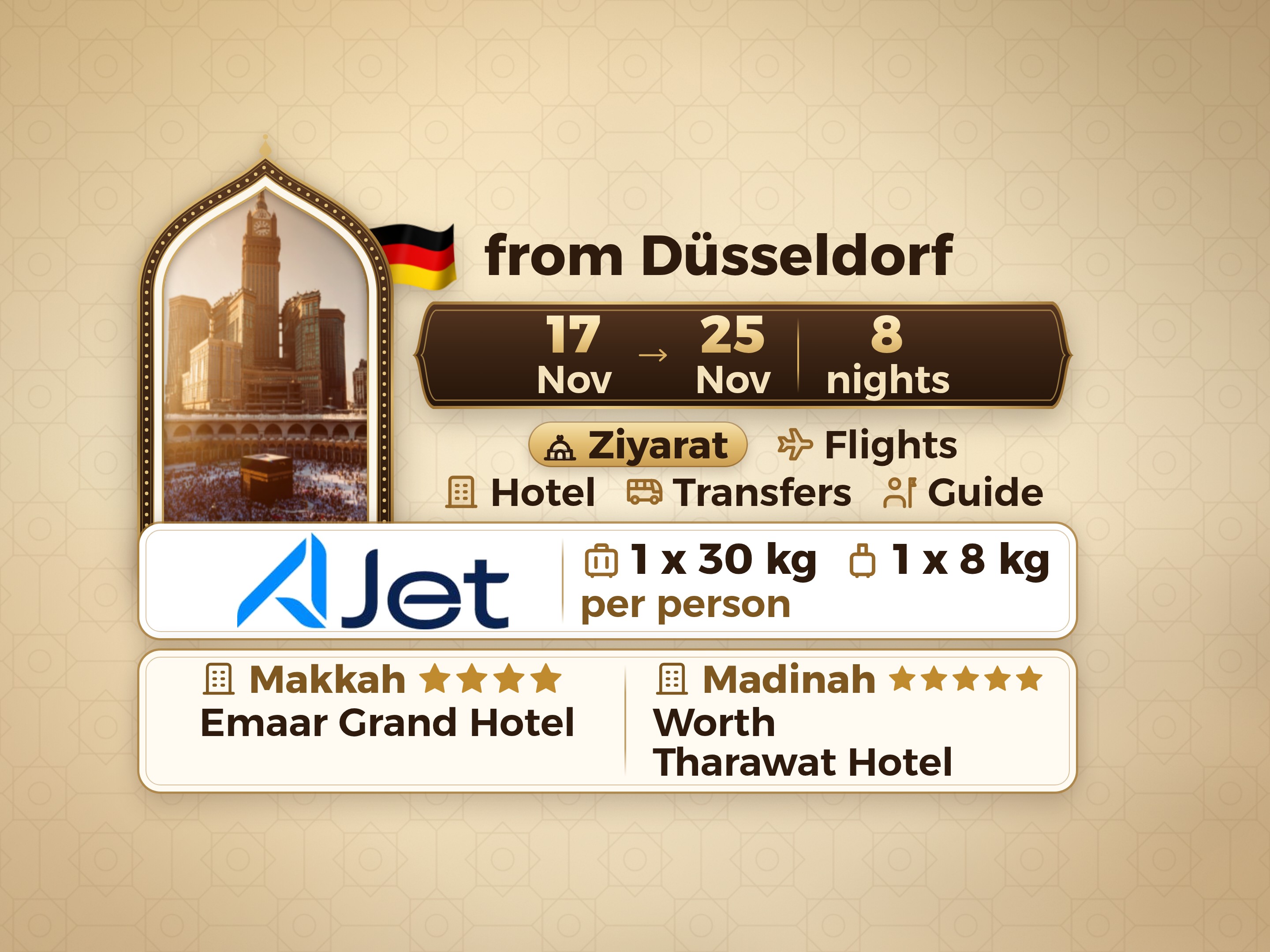 Umrah Package 10 Days from Dusseldorf, Tharawat Worth Madinah and Emaar Grand Makkah, Makkah – Umrah Express – 1