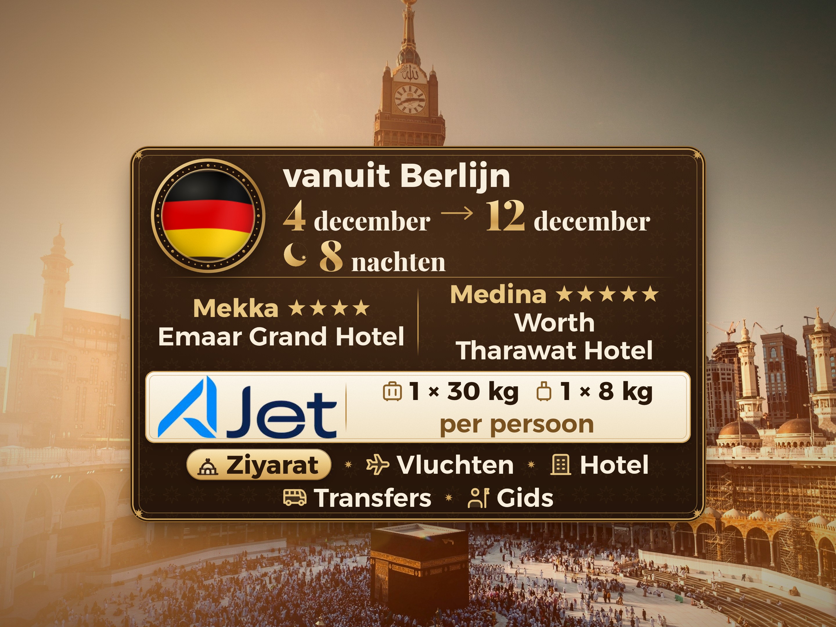 Umrah Pakket 10 Dagen vanaf Berlijn, Emaar Grand Makkah en Tharawat Worth Madinah
