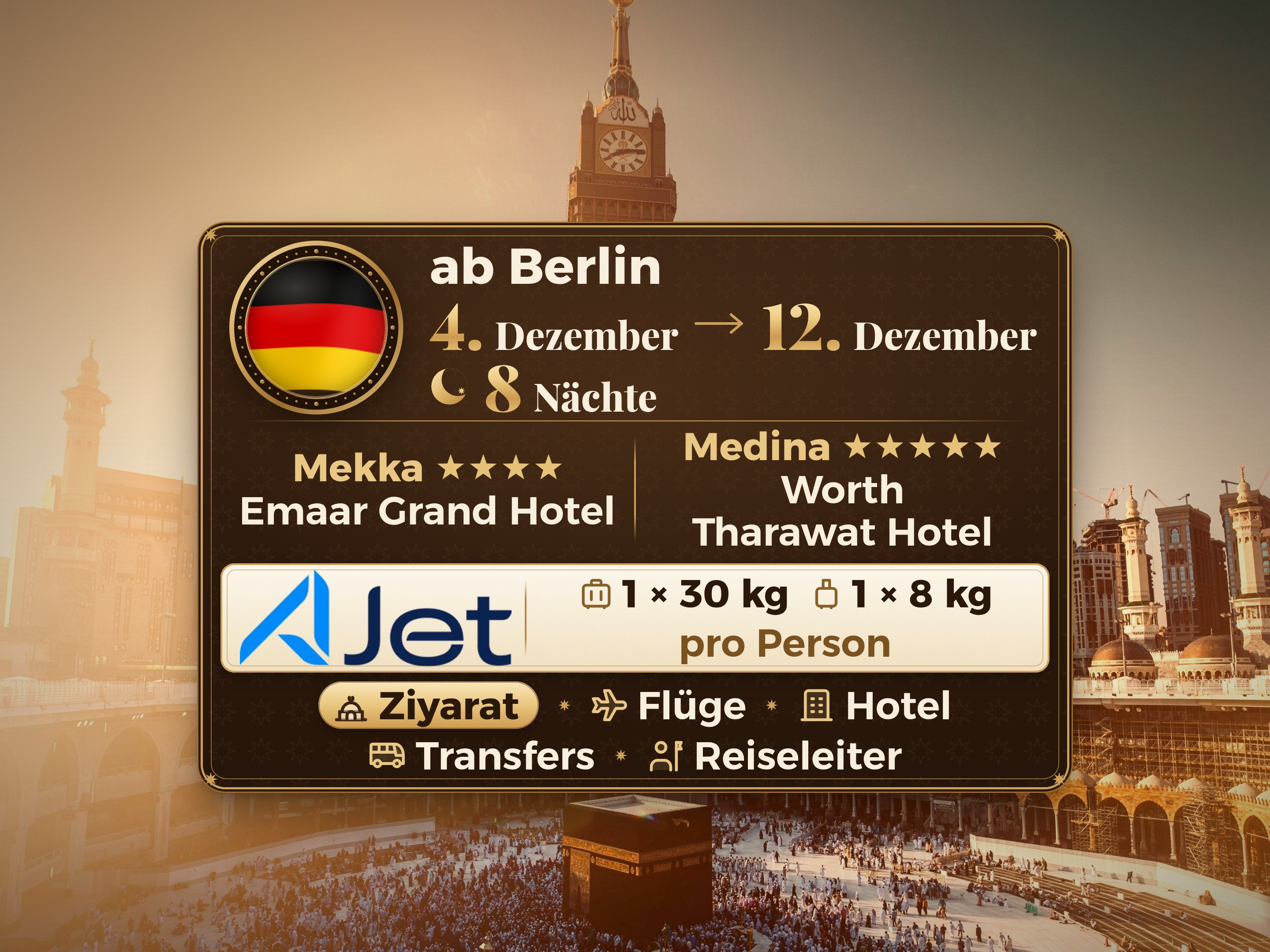 Umrah-Paket 10 Tage ab Berlin, Emaar Grand Makkah und Tharawat Worth Madinah, Mekka – Umrah Express – 1