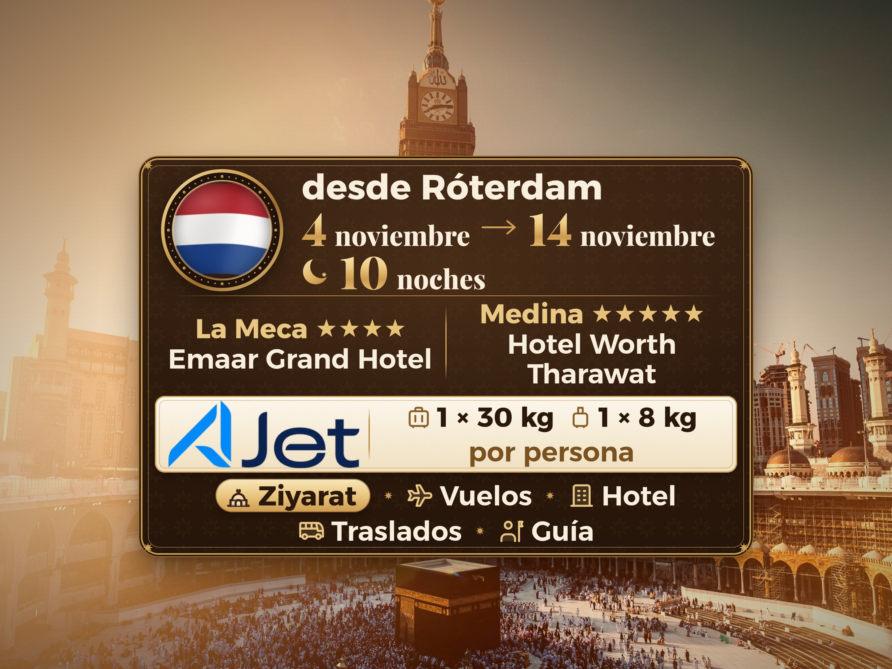 Paquete de Umrah de 12 Días desde Róterdam, Emaar Grand Makkah y Tharawat Worth Madinah, La Meca – Umrah Express – 1