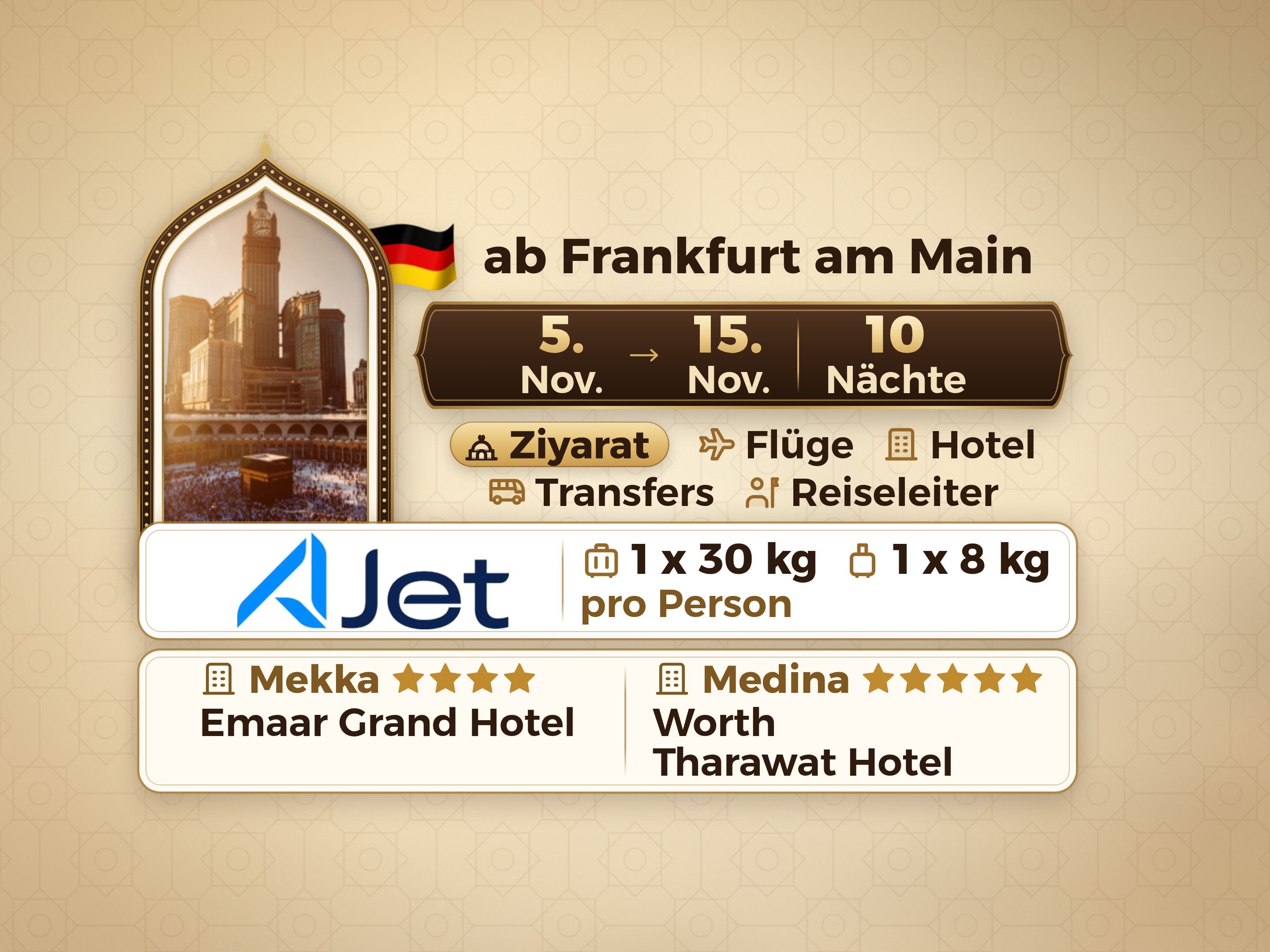 Umrah-Paket 12 Tage ab Frankfurt, Tharawat Worth Madinah und Emaar Grand Makkah, Mekka – Umrah Express – 1