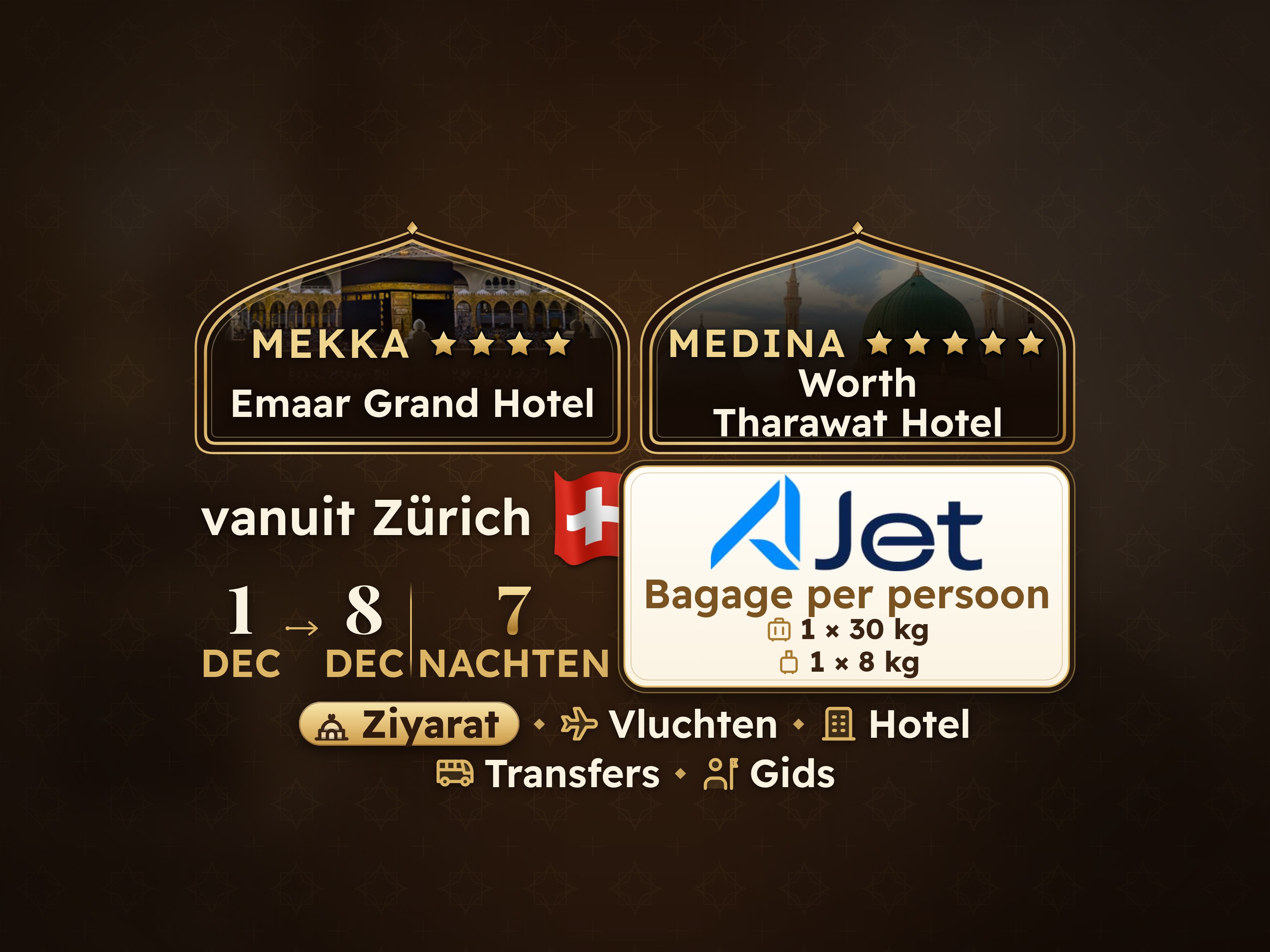 Umrah Pakket 9 Dagen vanaf Zürich, Emaar Grand Makkah en Tharawat Worth Madinah