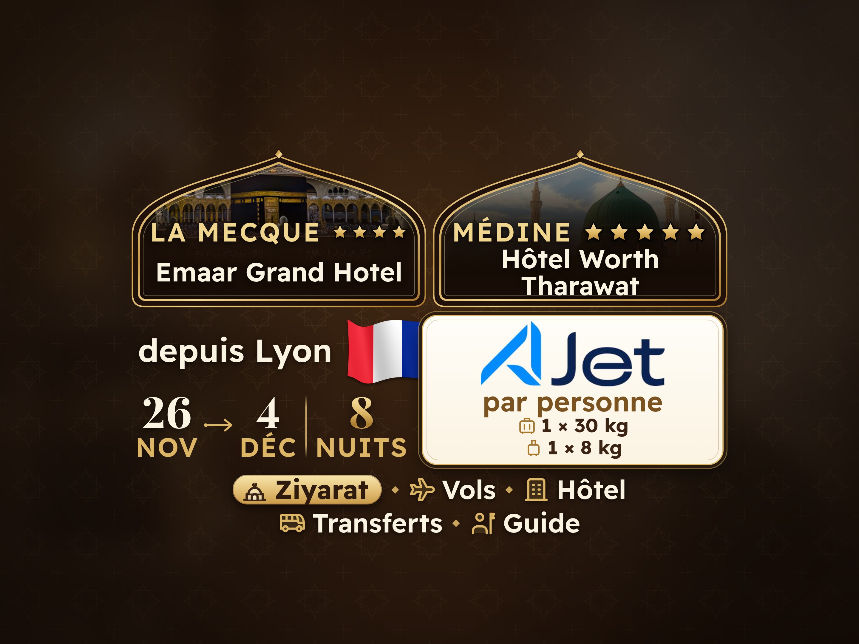 Forfait Umrah 10 Jours depuis Lyon, Tharawat Worth Madinah et Emaar Grand Makkah, La Mecque – Umrah Express – 1