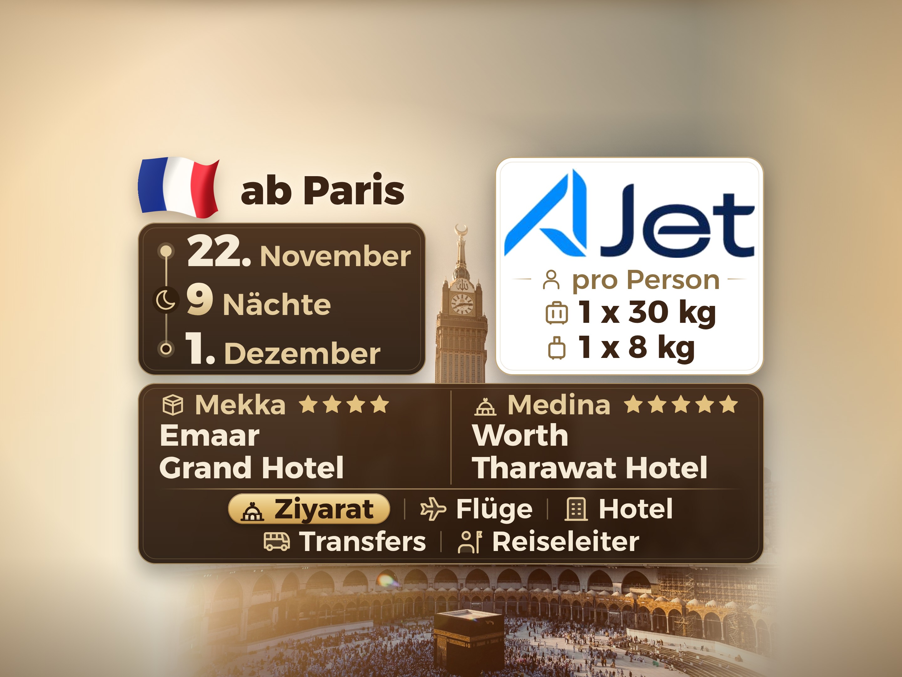Umrah-Paket 11 Tage ab Paris, Tharawat Worth Madinah und Emaar Grand Makkah, Mekka – Umrah Express – 1