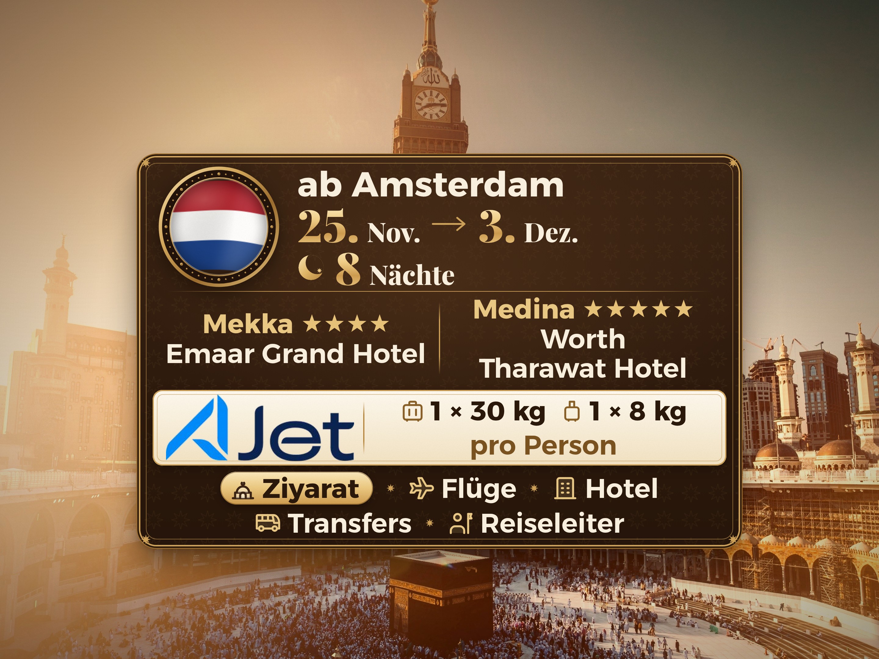 Umrah-Paket 10 Tage ab Amsterdam, Emaar Grand Makkah und Tharawat Worth Madinah, Mekka – Umrah Express – 1