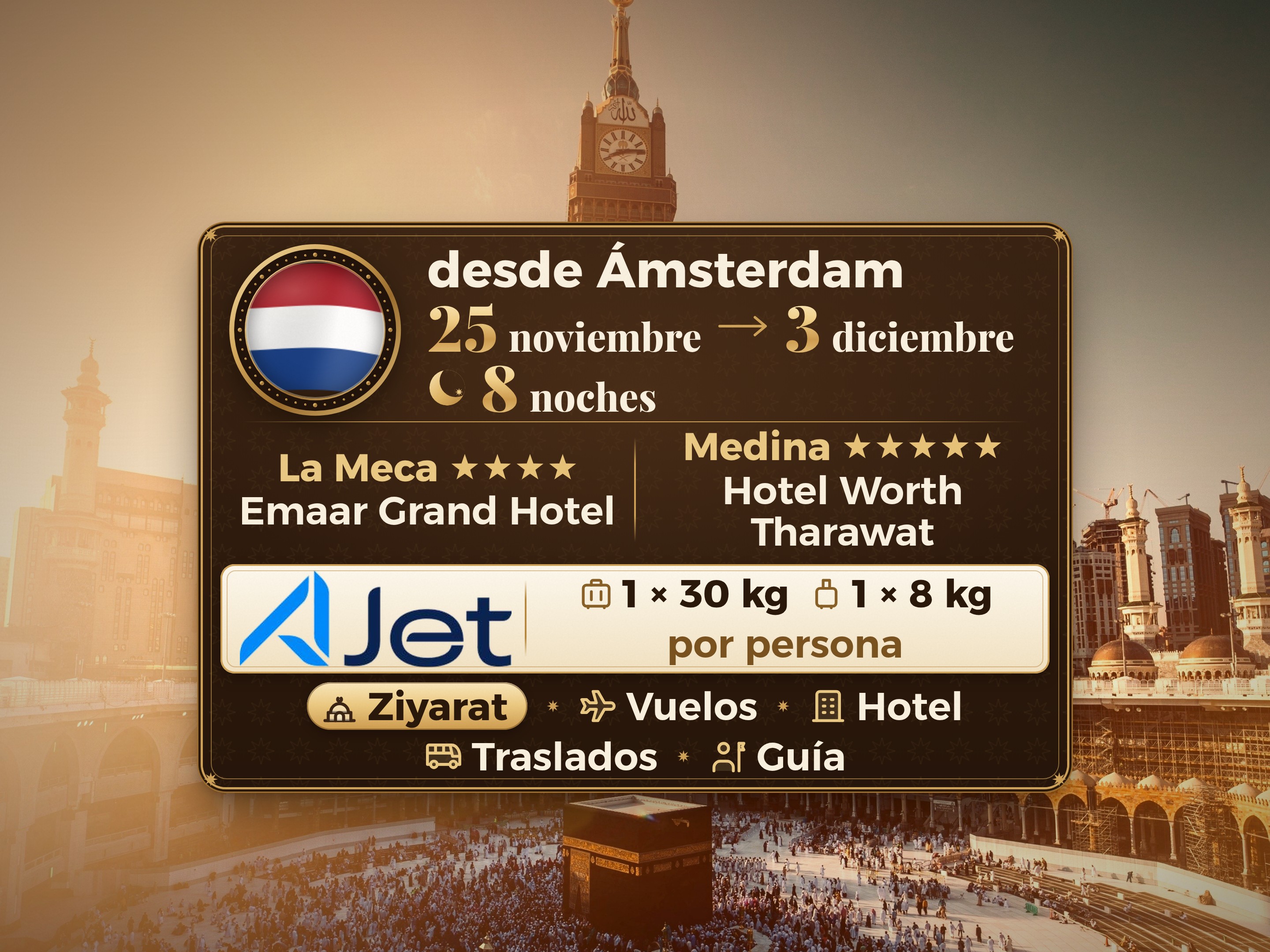 Paquete de Umrah de 10 Días desde Ámsterdam, Emaar Grand Makkah y Tharawat Worth Madinah, La Meca – Umrah Express – 1