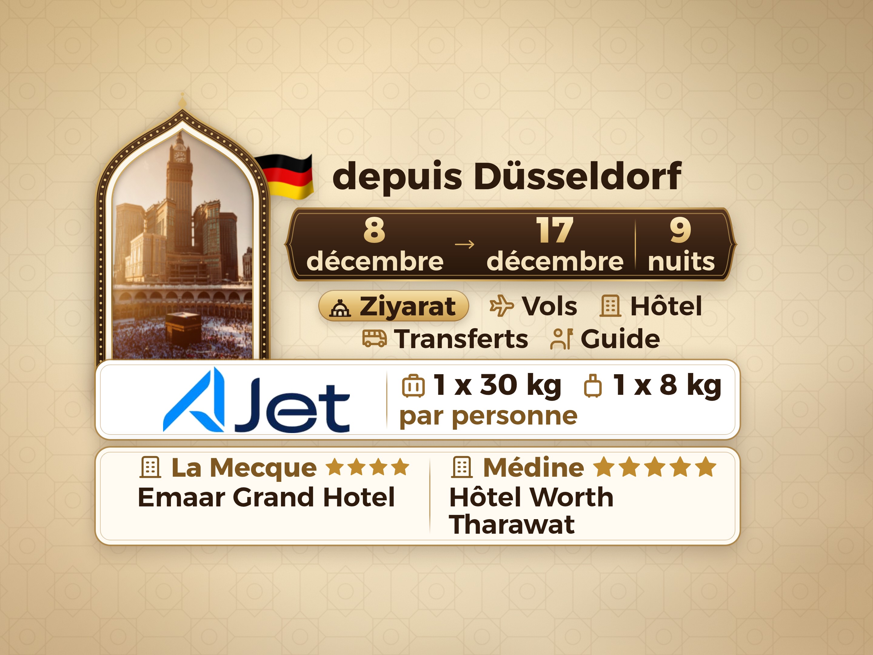 Forfait Umrah 11 Jours de Dusseldorf, Tharawat Worth Madinah et Emaar Grand Makkah