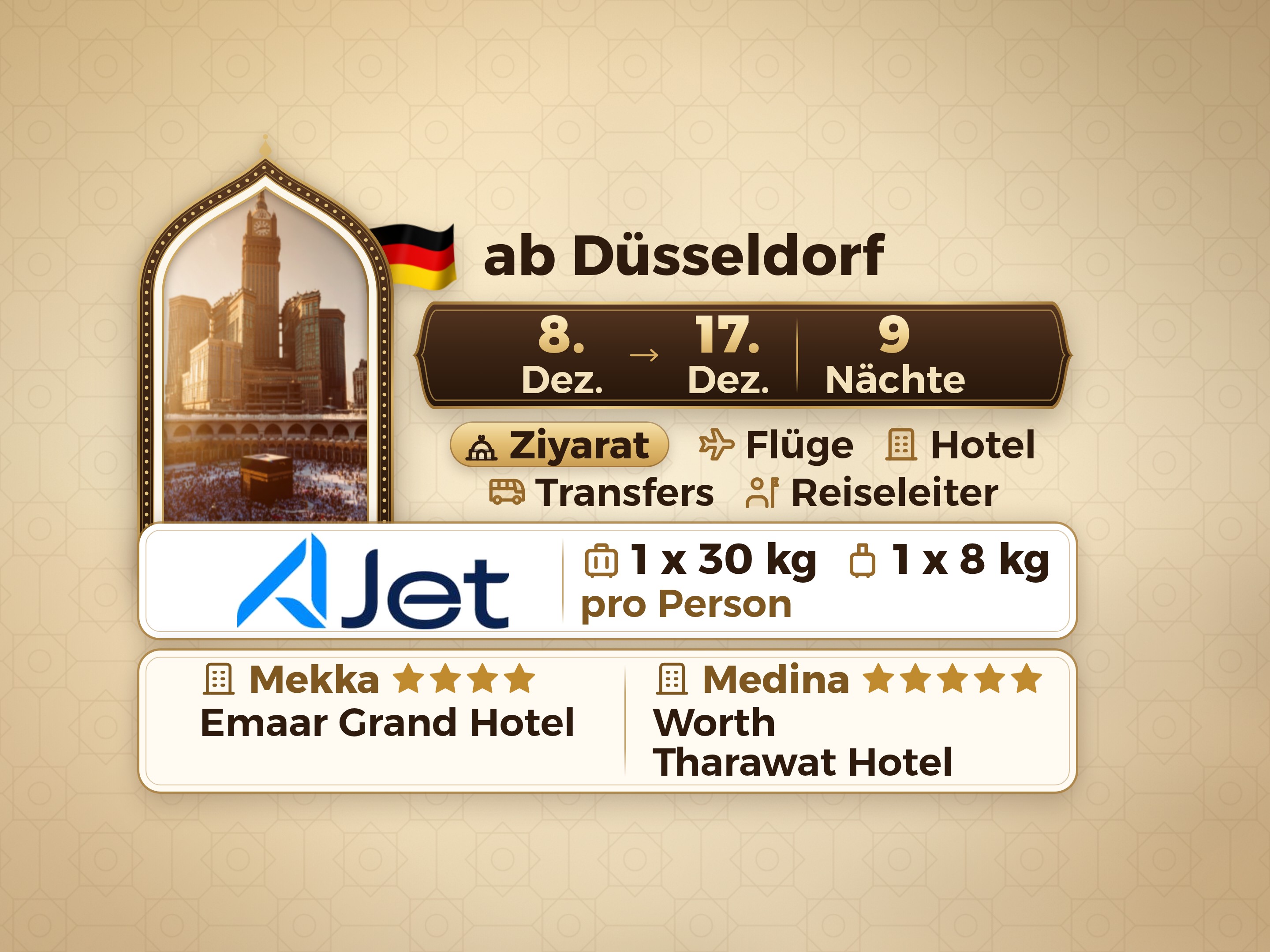 11-Tage-Umrah-Paket ab Dusseldorf, Tharawat Worth Madinah und Emaar Grand Makkah