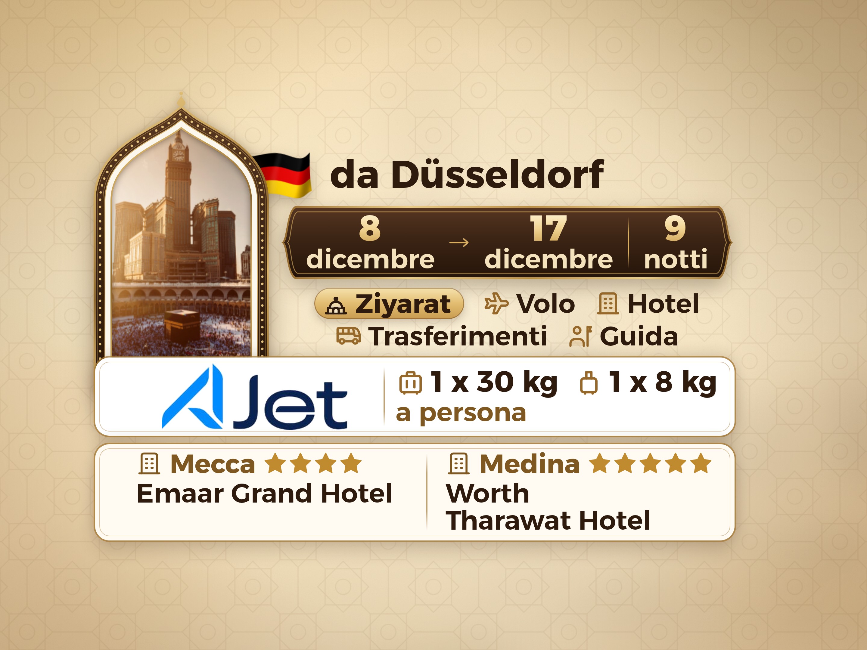 Pacchetto Umrah 11 Giorni da Dusseldorf, Tharawat Worth Madinah e Emaar Grand Makkah