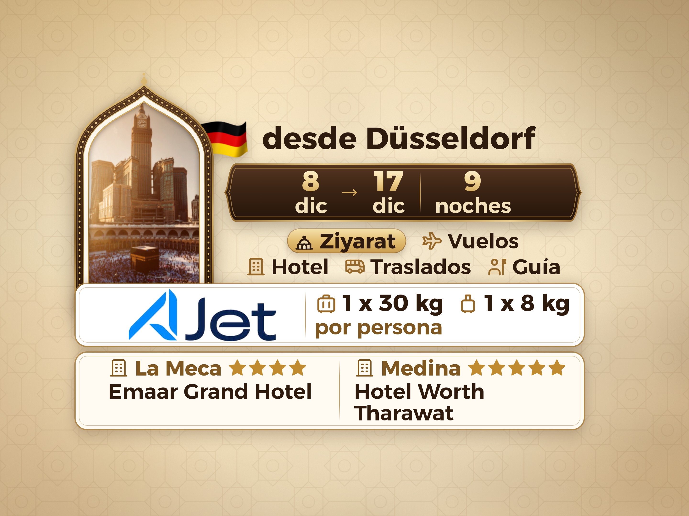 Paquete de Umrah de 11 Días desde Dusseldorf, Tharawat Worth Madinah y Emaar Grand Makkah