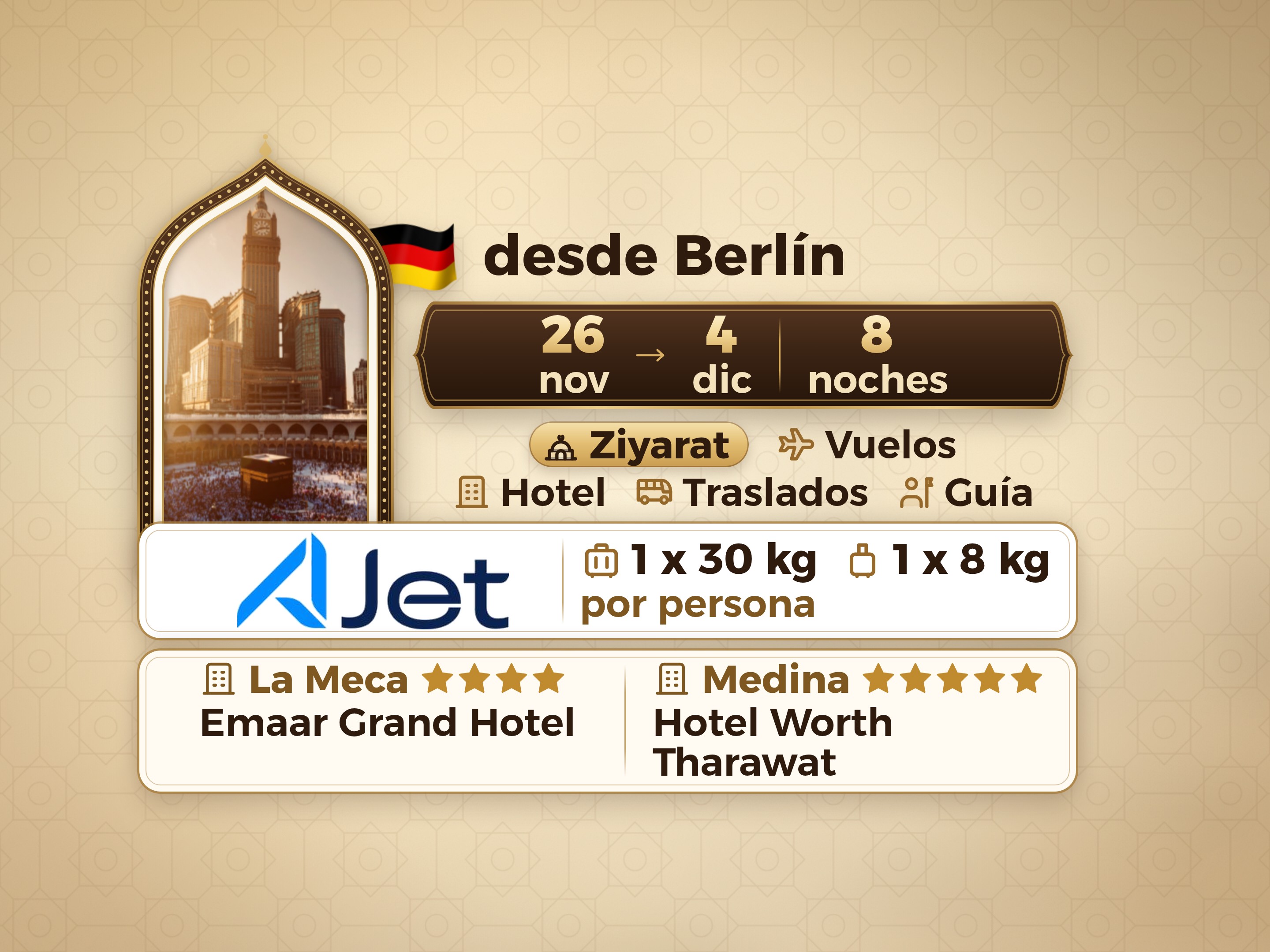 Paquete de Umrah de 10 Días desde Berlín, Tharawat Worth Madinah y Emaar Grand Makkah, La Meca – Umrah Express – 1