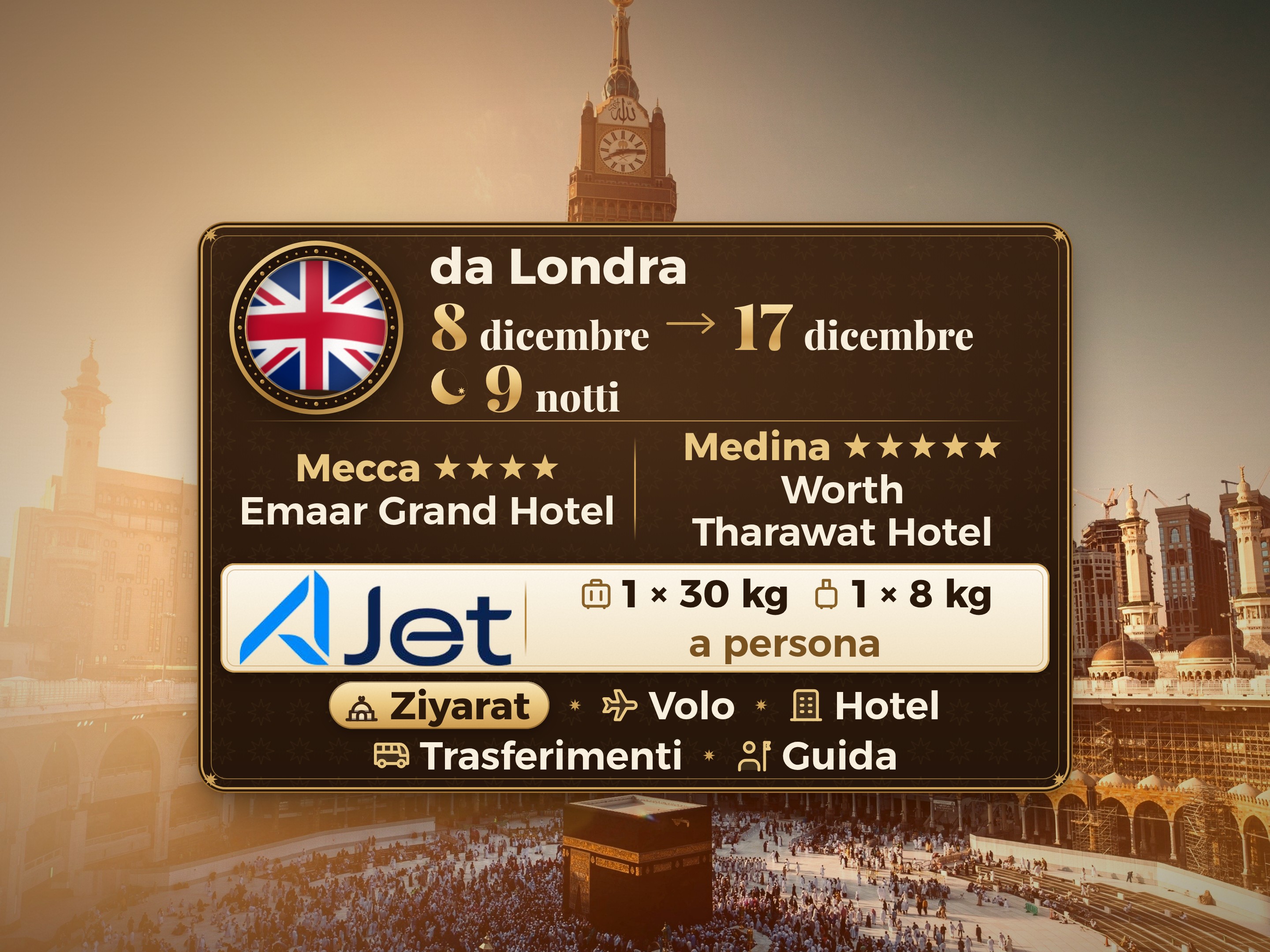 Pacchetto Umrah 11 Giorni da Londra, Tharawat Worth Madinah e Emaar Grand Makkah