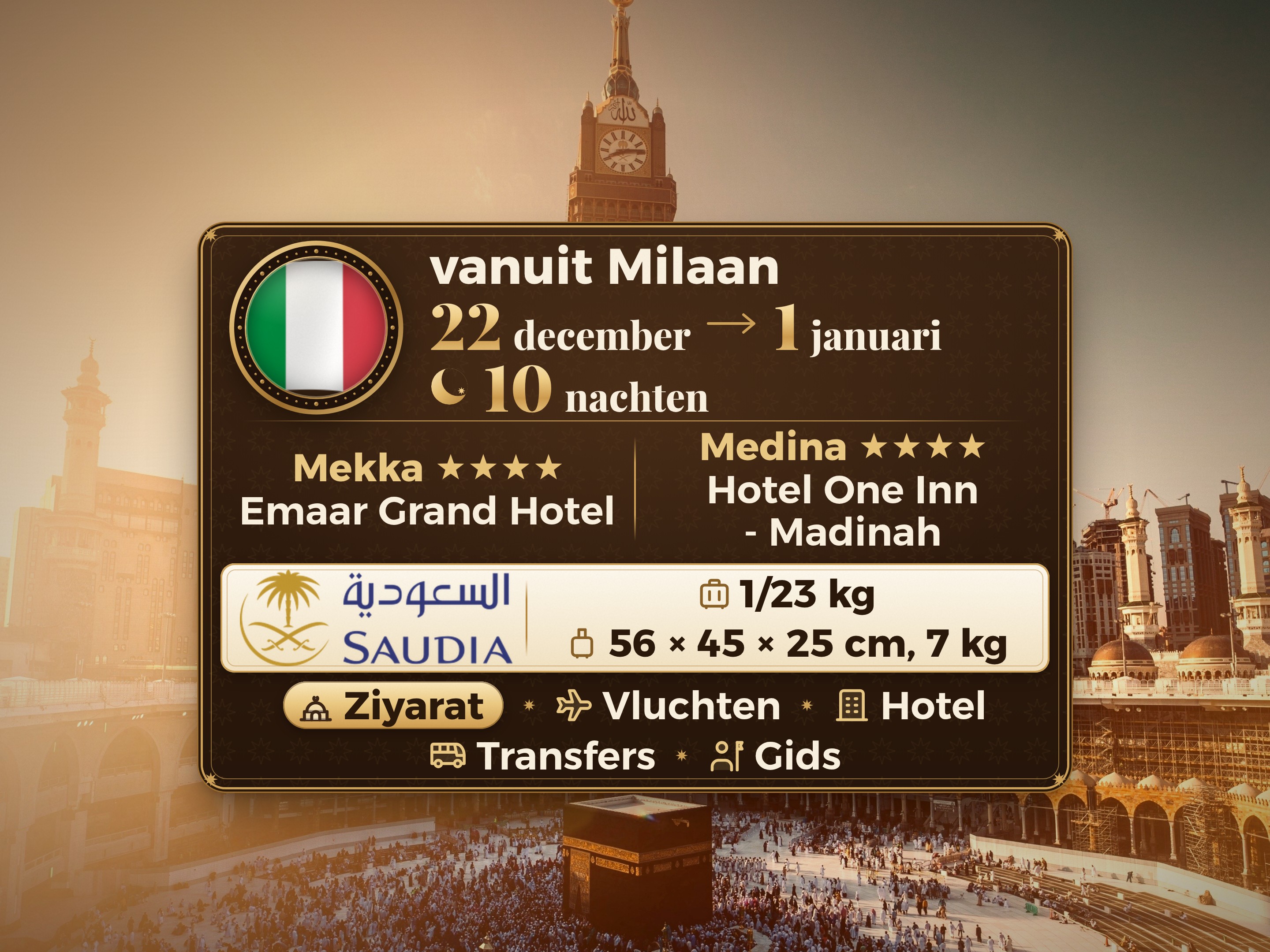 11-daags Umrah-pakket - 10 nachten - Emaar Grand Makkah - One Inn of Concord Dar Al Khair of gelijkwaardig Medina