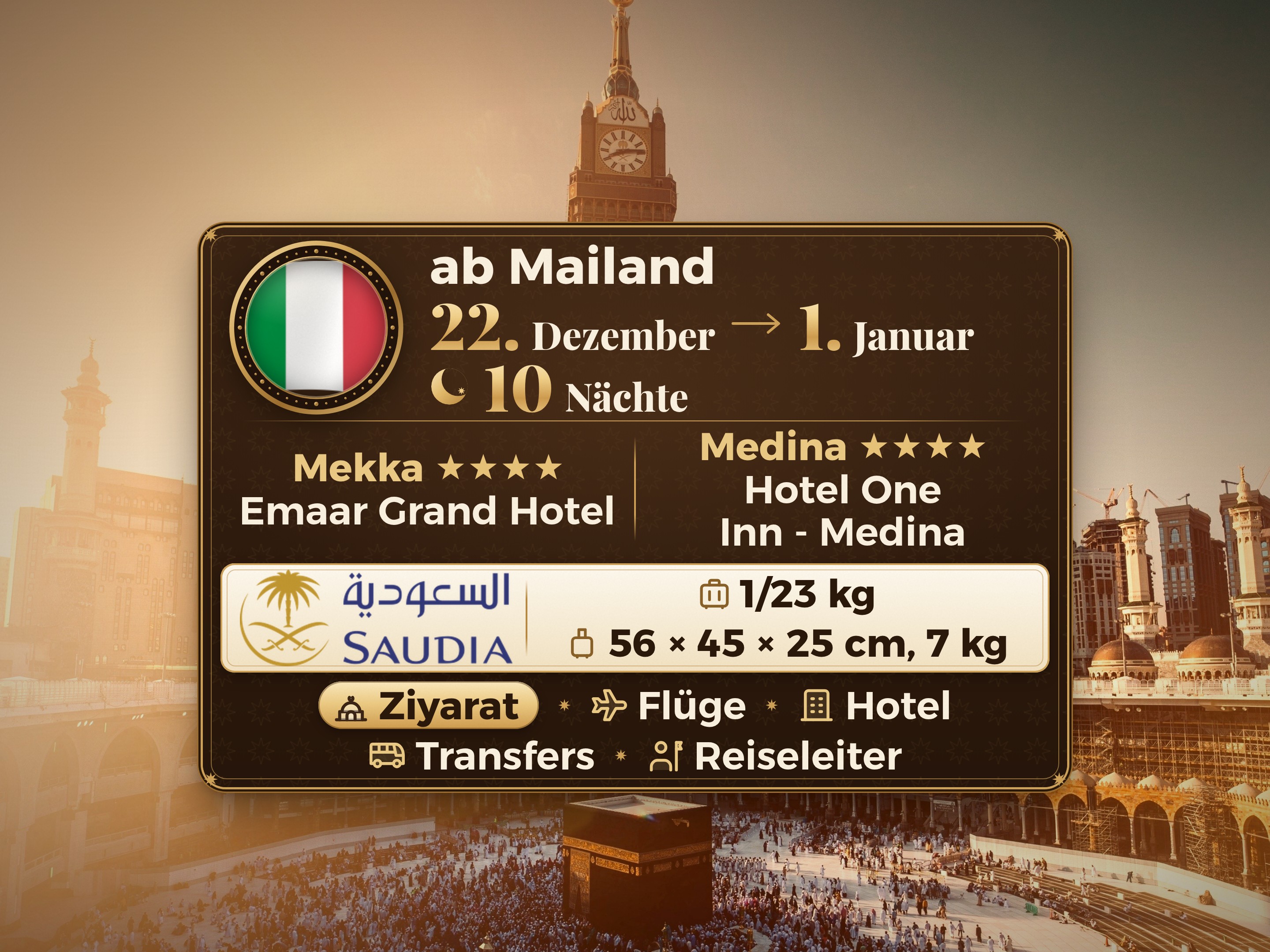 11-Tage-Umrah-Paket - 10 Nächte - Emaar Grand Makkah - One Inn oder Concord Dar Al Khair oder gleichwertiges Medina