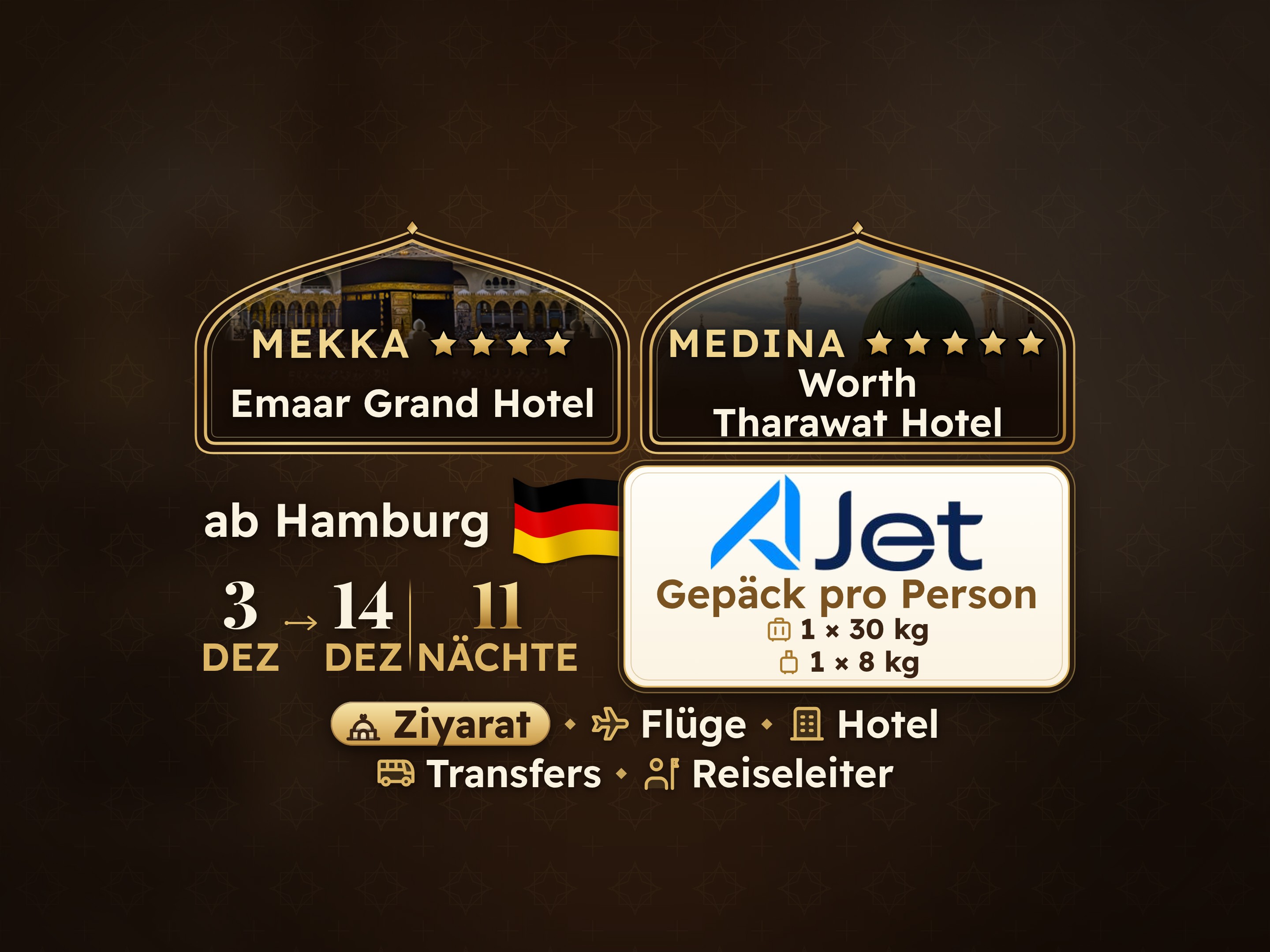 13-Tage-Umrah-Paket ab Hamburg, Tharawat Worth Madinah und Emaar Grand Makkah