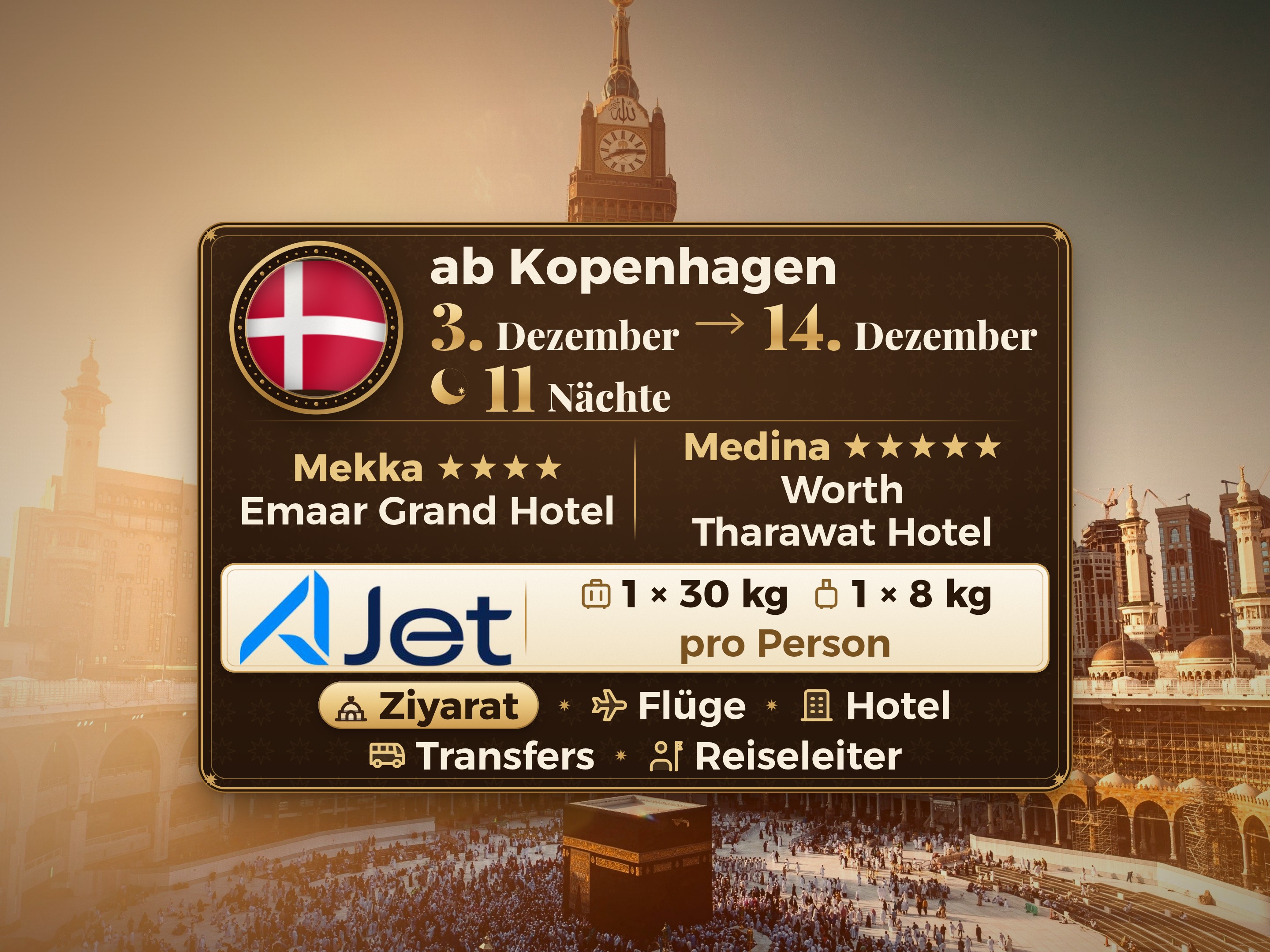 Umrah-Paket 13 Tage ab Kopenhagen, Tharawat Worth Madinah und Emaar Grand Makkah