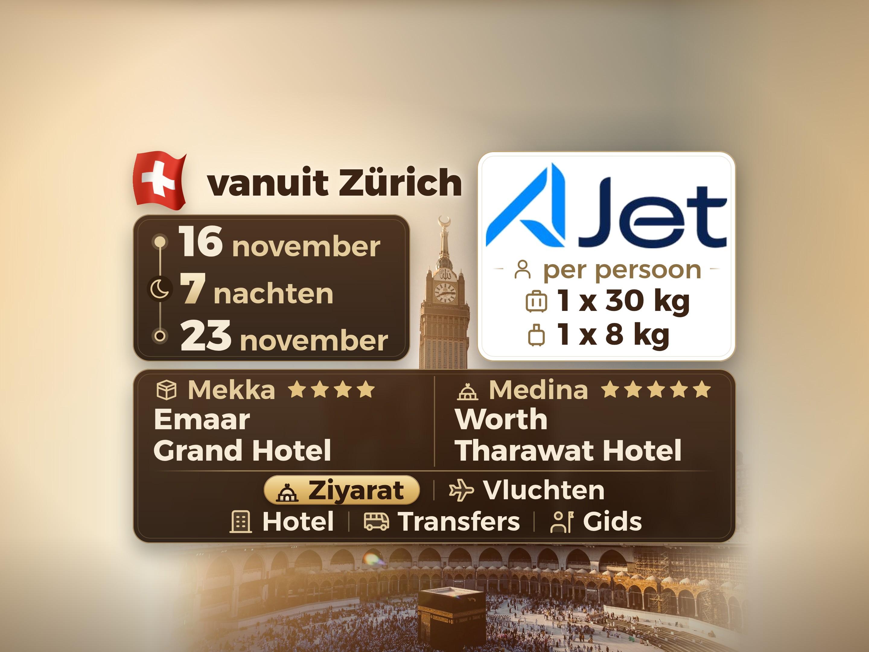 Umrah Pakket 9 Dagen vanaf Zürich, Tharawat Worth Madinah en Emaar Grand Makkah