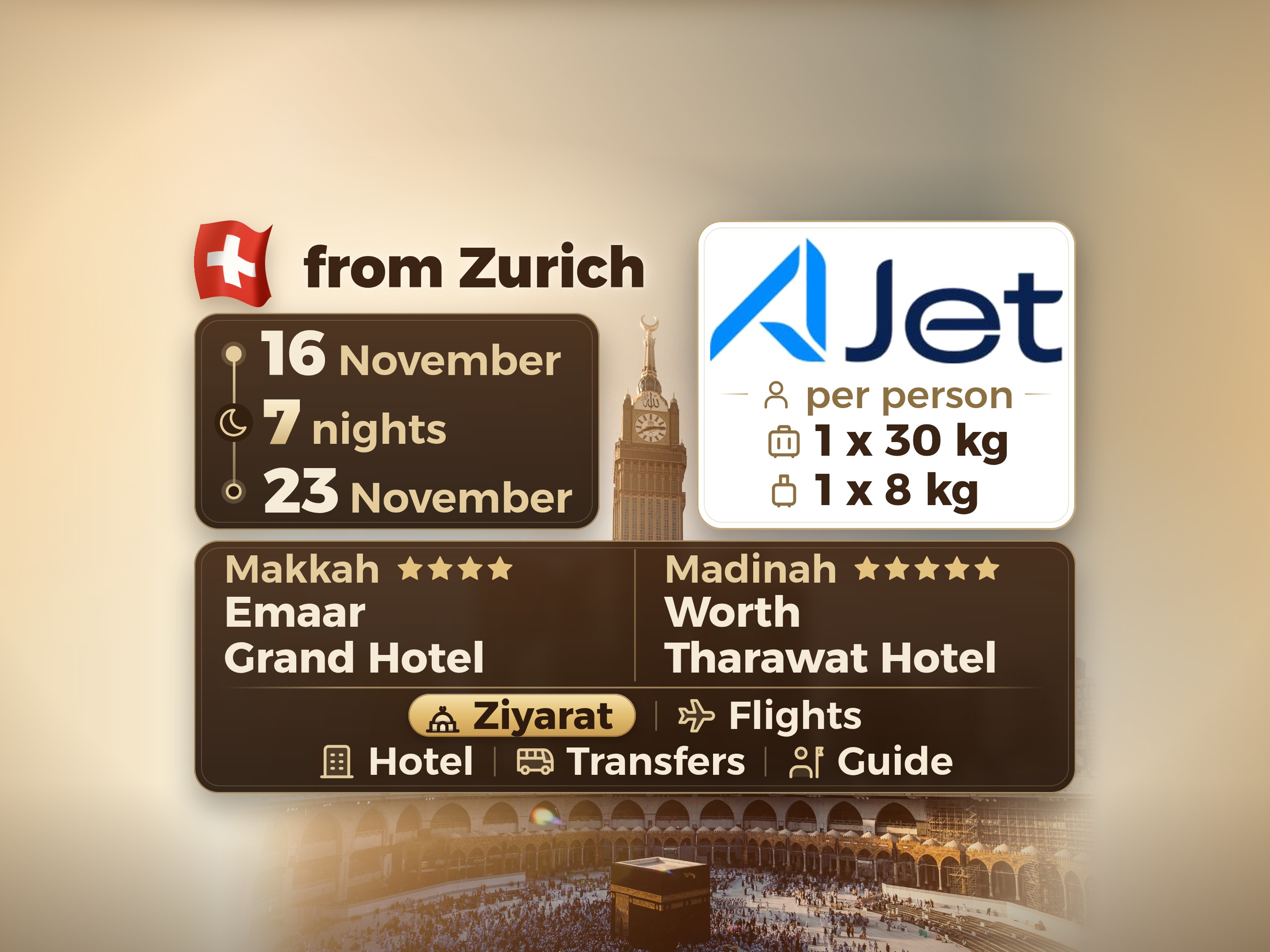 Umrah Package 9 Days from Zurich, Tharawat Worth Madinah and Emaar Grand Makkah, Makkah – Umrah Express – 1