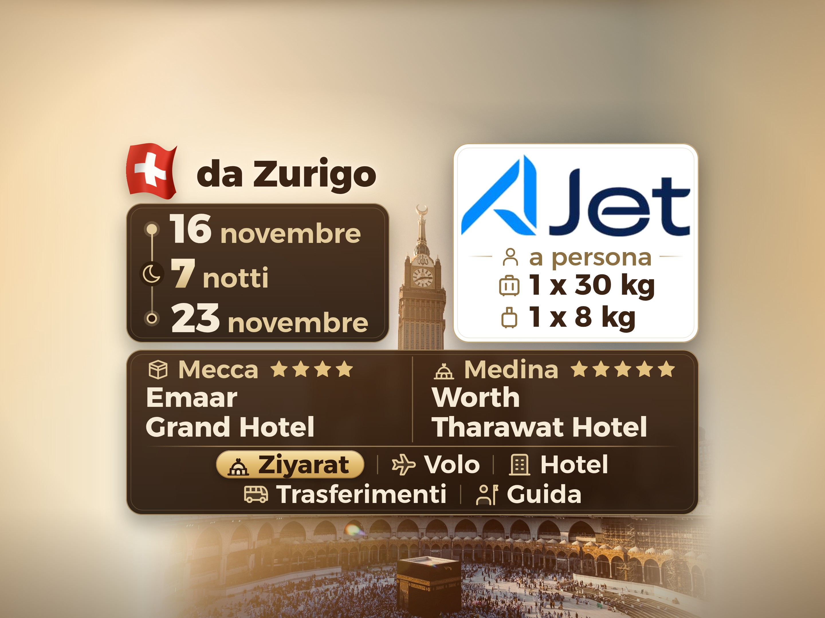 Pacchetto Umrah di 9 giorni da Zurigo, Tharawat Worth Madinah e Emaar Grand Makkah, La Mecca – Umrah Express – 1