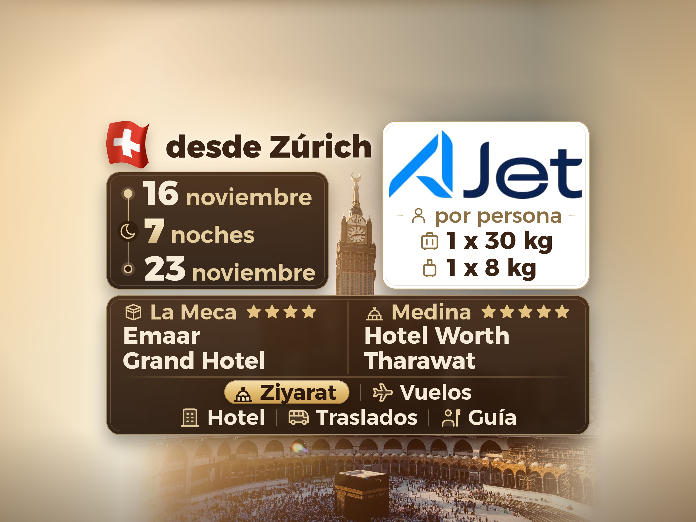 Paquete de Umrah de 9 días desde Zúrich, Tharawat Worth Madinah y Emaar Grand Makkah, La Meca – Umrah Express – 1