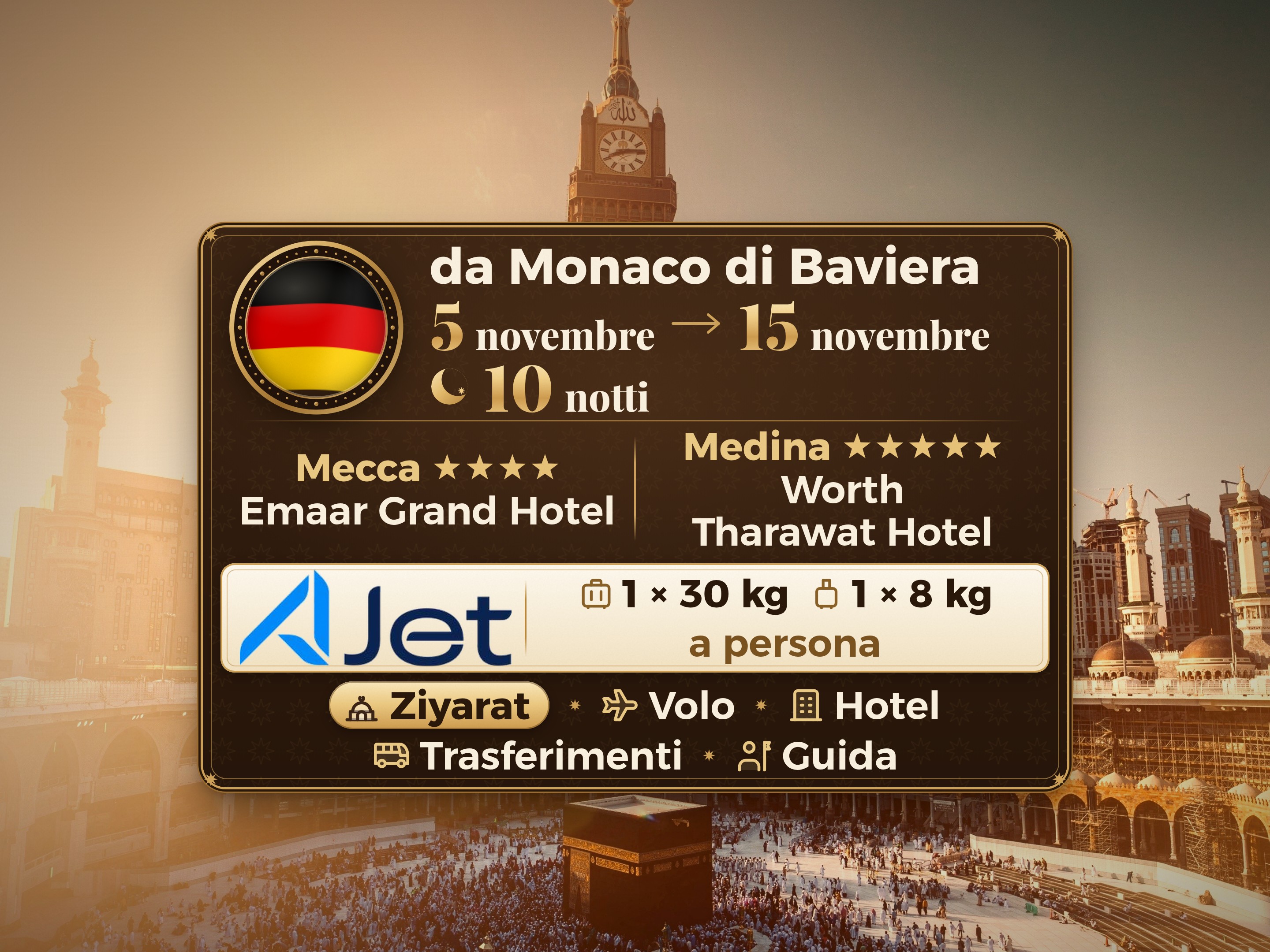 Pacchetto Umrah 12 Giorni da Monaco, Tharawat Worth Madinah e Emaar Grand Makkah, La Mecca – Umrah Express – 1