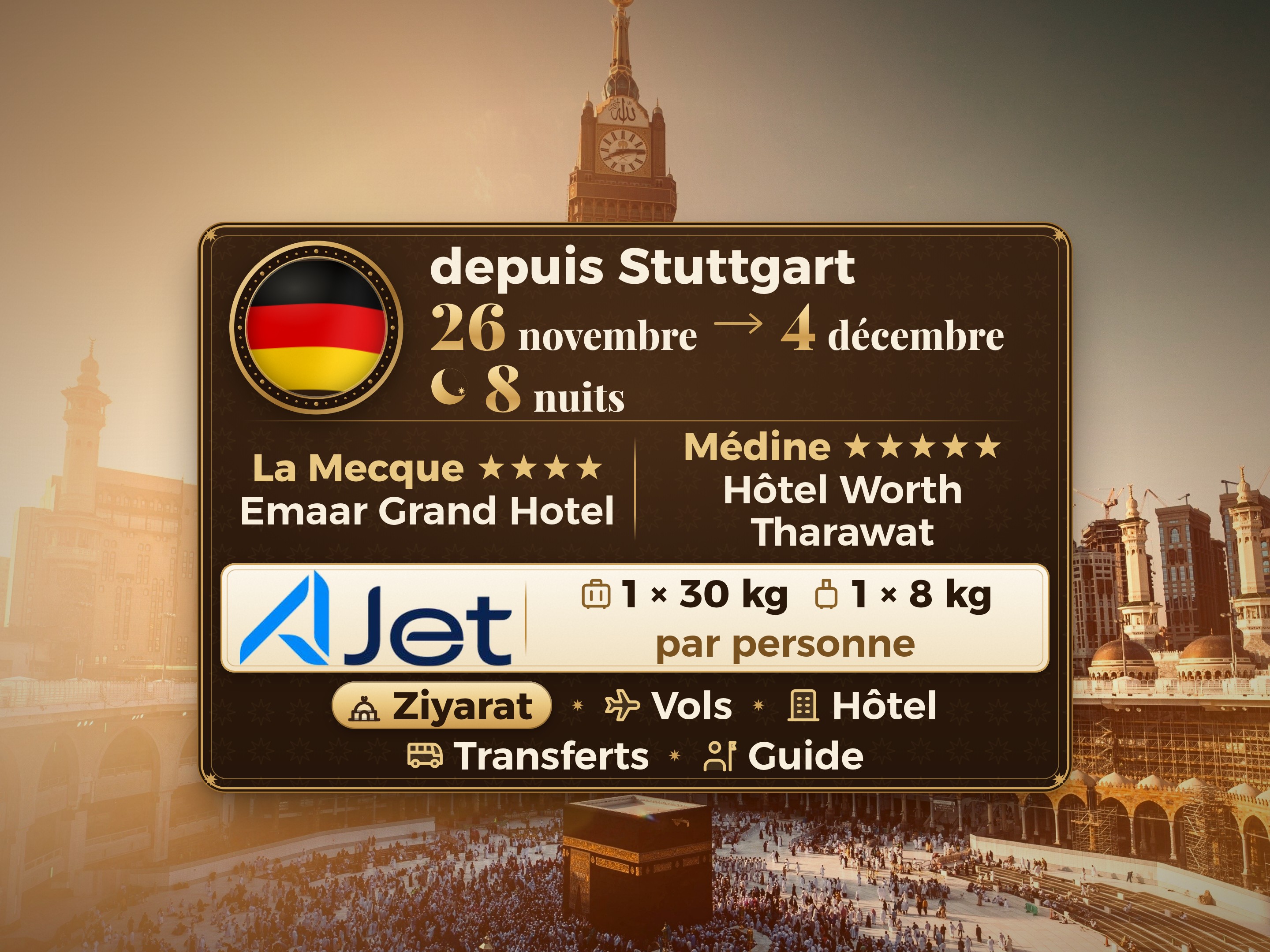 Forfait Umrah 10 Jours depuis Stuttgart, Tharawat Worth Madinah et Emaar Grand Makkah, La Mecque – Umrah Express – 1