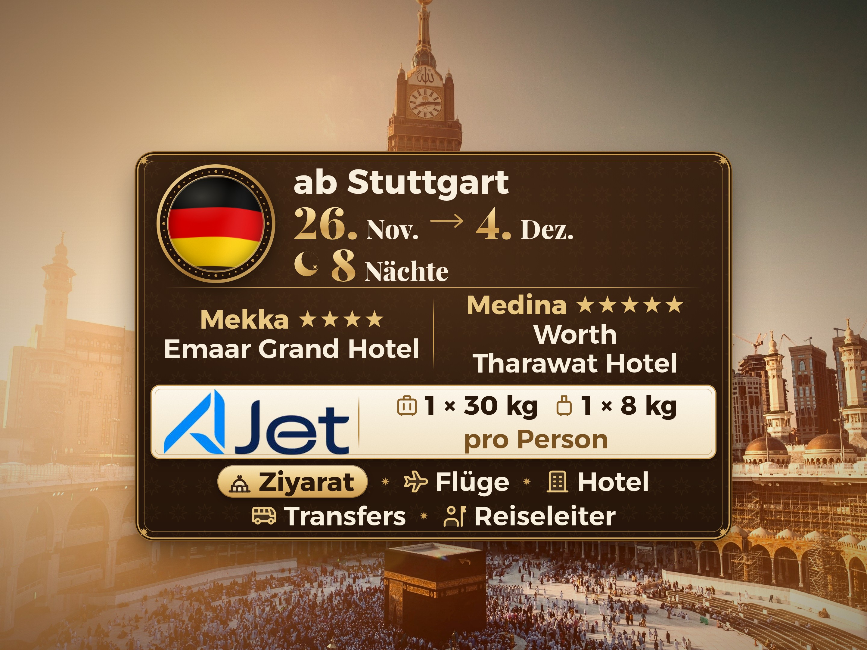 Umrah-Paket 10 Tage ab Stuttgart, Tharawat Worth Madinah und Emaar Grand Makkah, Mekka – Umrah Express – 1
