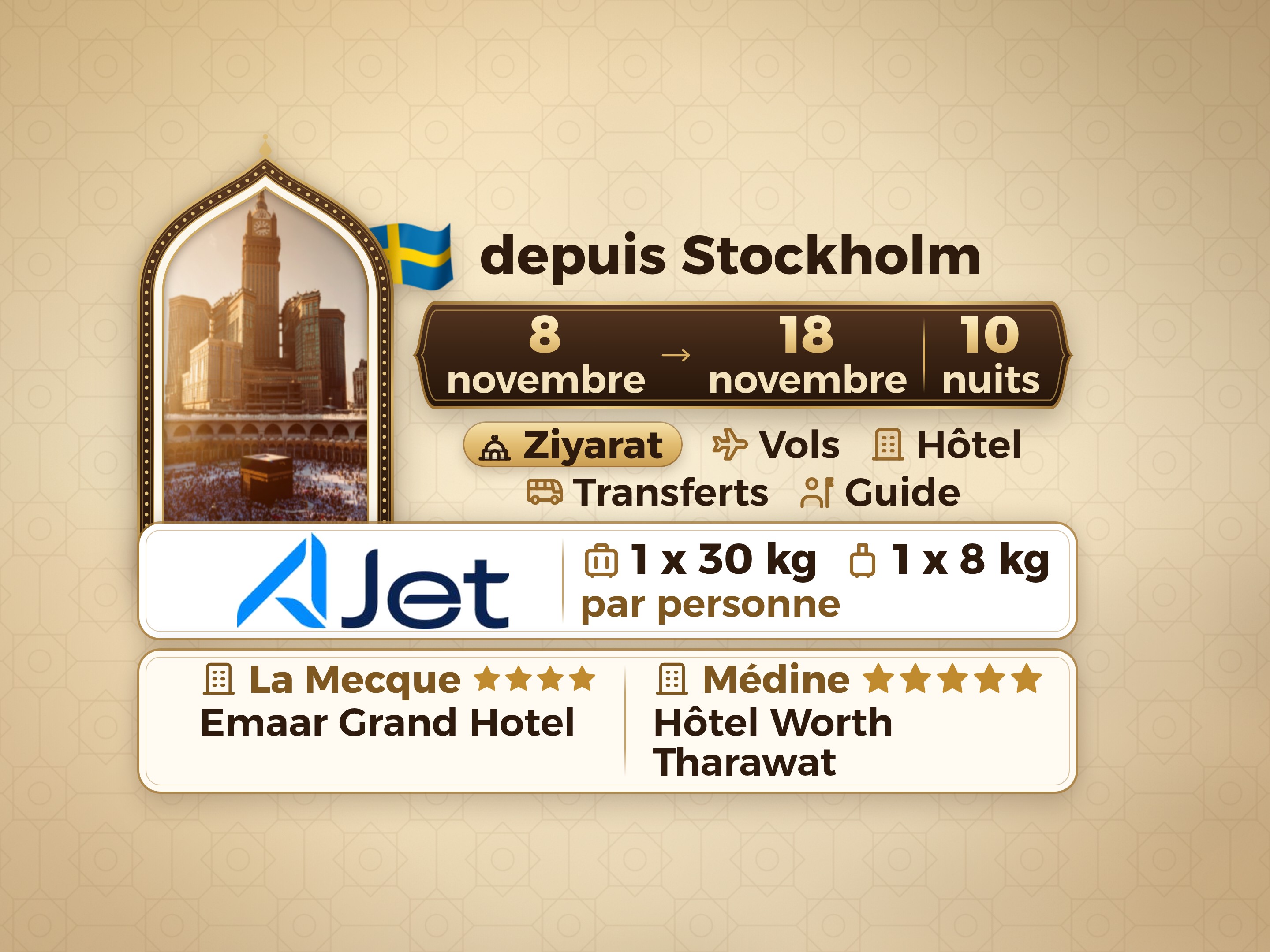 Forfait Umrah de 12 jours depuis Stockholm, Tharawat Worth Madinah et Emaar Grand Makkah, La Mecque – Umrah Express – 1