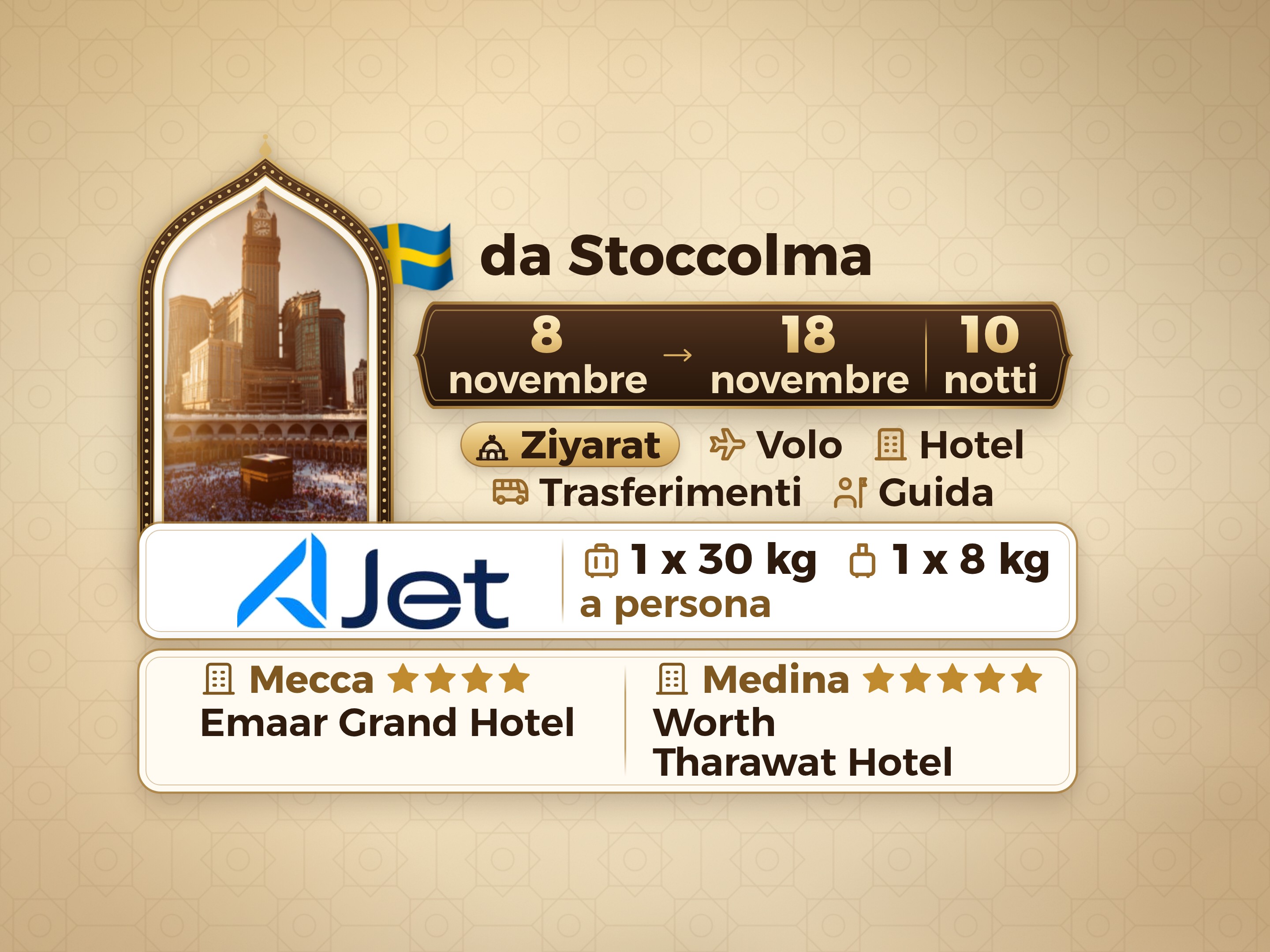 Pacchetto Umrah di 12 giorni da Stoccolma, Tharawat Worth Madinah e Emaar Grand Makkah, La Mecca – Umrah Express – 1