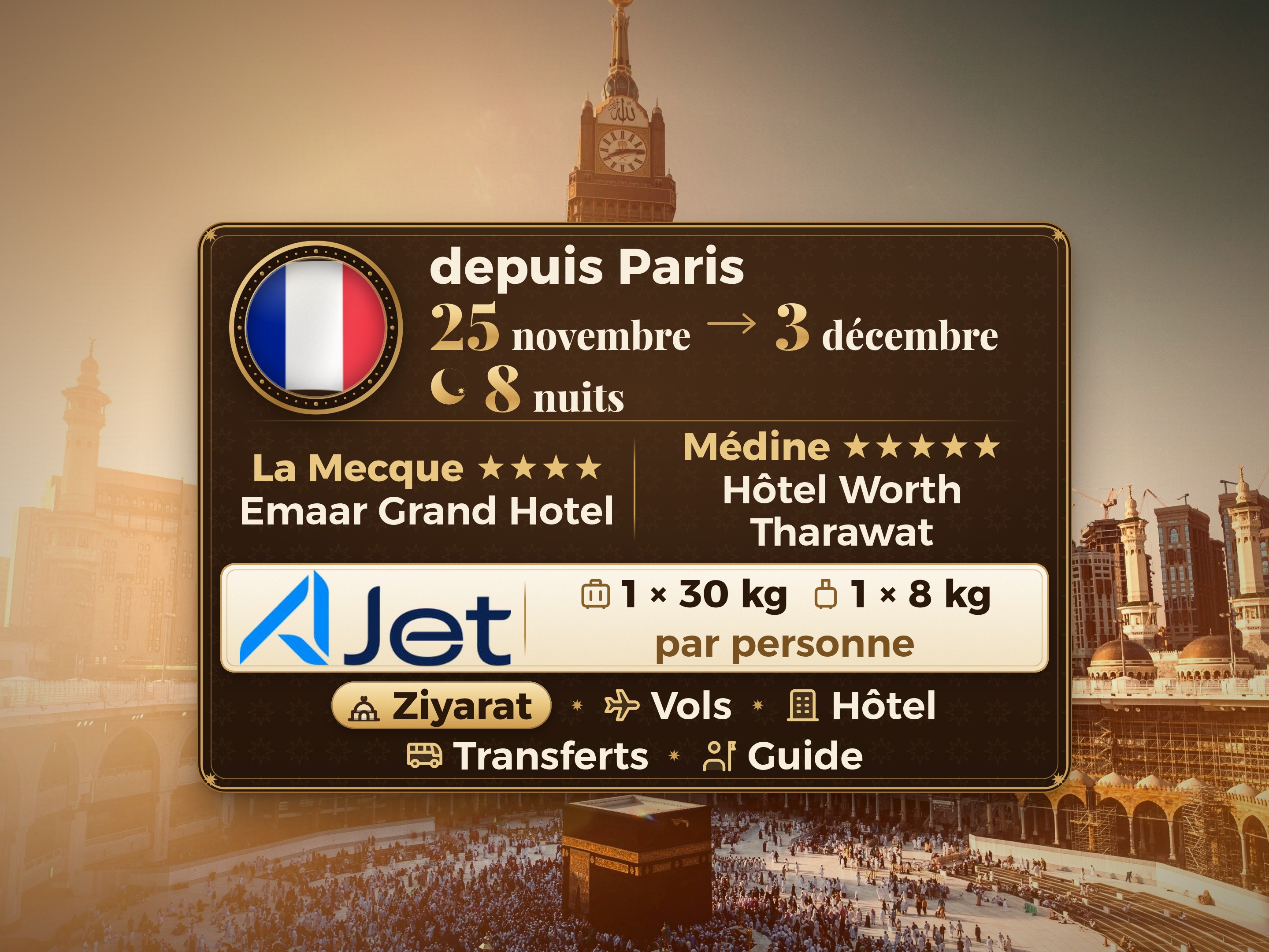 Forfait Umrah 10 Jours depuis Paris, Emaar Grand Makkah et Tharawat Worth Madinah, La Mecque – Umrah Express – 1