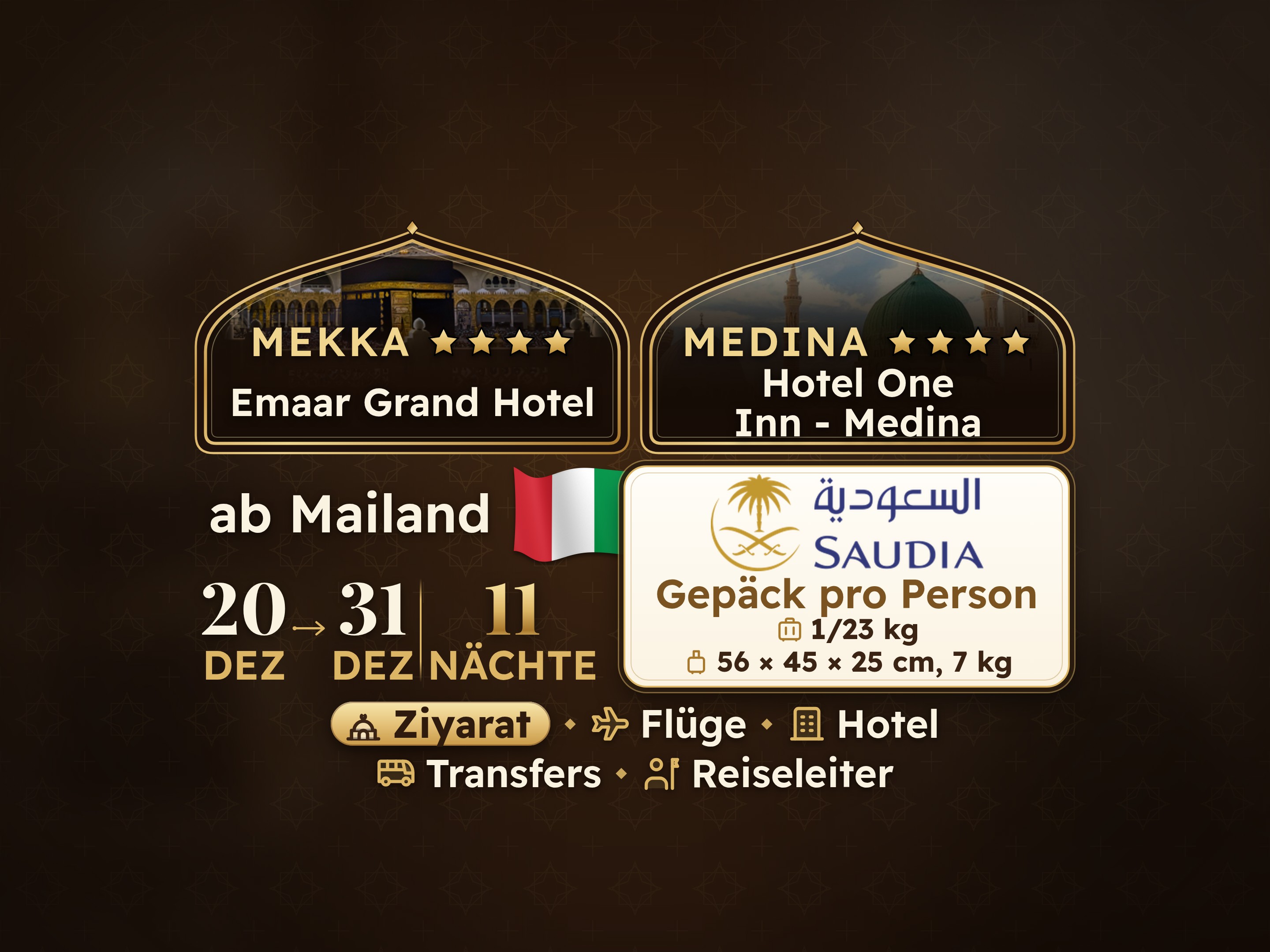 12-Tage 11-Nächte Umrah-Paket - Emaar Grand Makkah - One & Only Concord Dar Al Khair oder gleichwertiges Medina