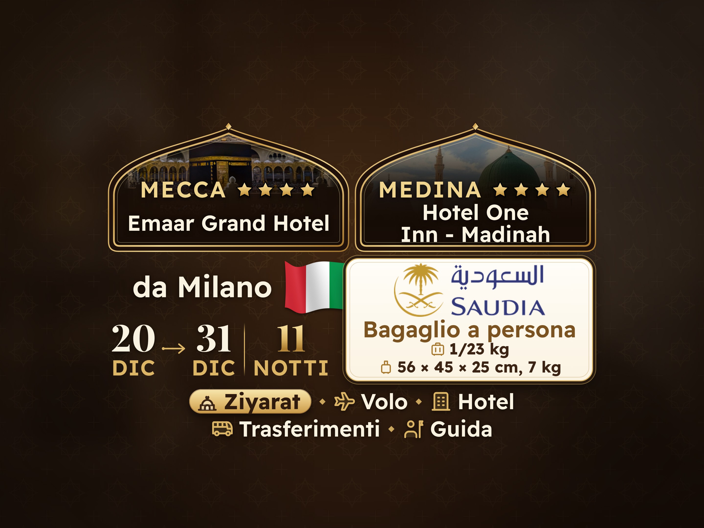 Pacchetto Umrah di 12 giorni e 11 notti - Emaar Grand Makkah - One & Only Concord Dar Al Khair o equivalente Medina