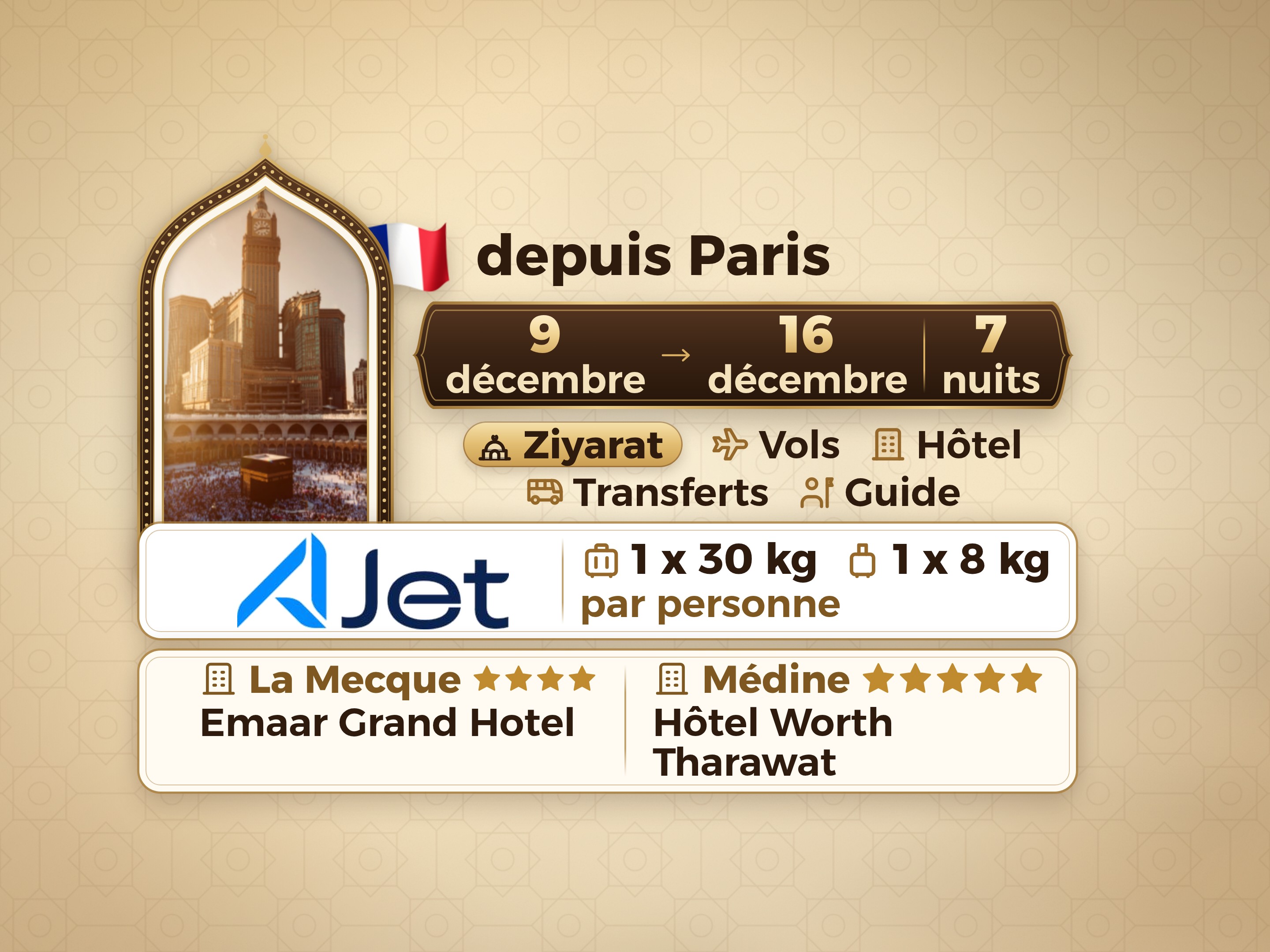 Forfait Umrah 9 Jours depuis Paris, Emaar Grand Makkah et Tharawat Worth Madinah