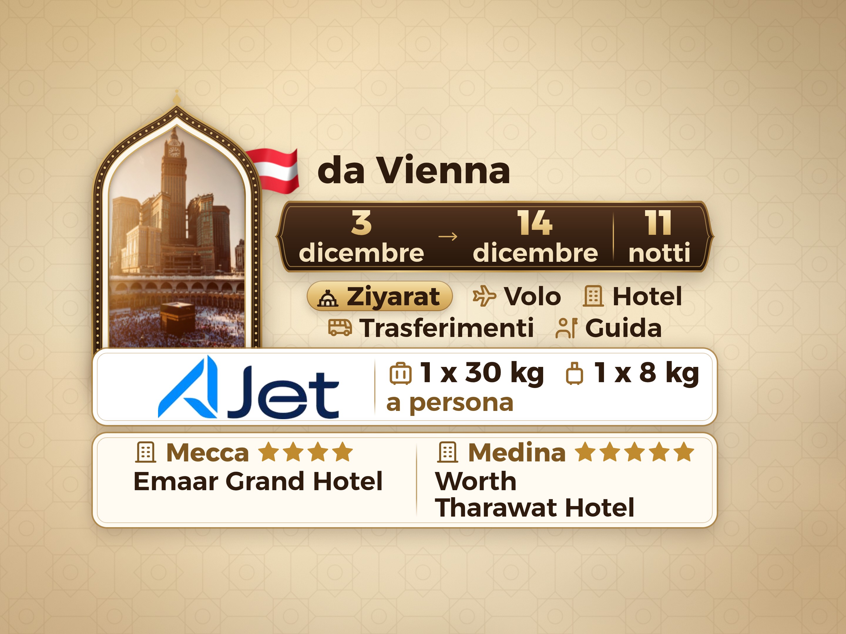 Pacchetto Umrah 13 Giorni da Vienna, Tharawat Worth Madinah e Emaar Grand Makkah